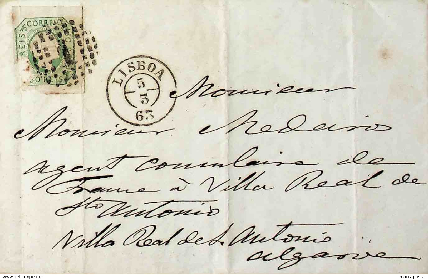 1863 Portugal Carta Filatélica D. Pedro V Cabelos Lisos C/ Carimbo Circular De Data Completa 3.19.01 «FARO» - Storia Postale