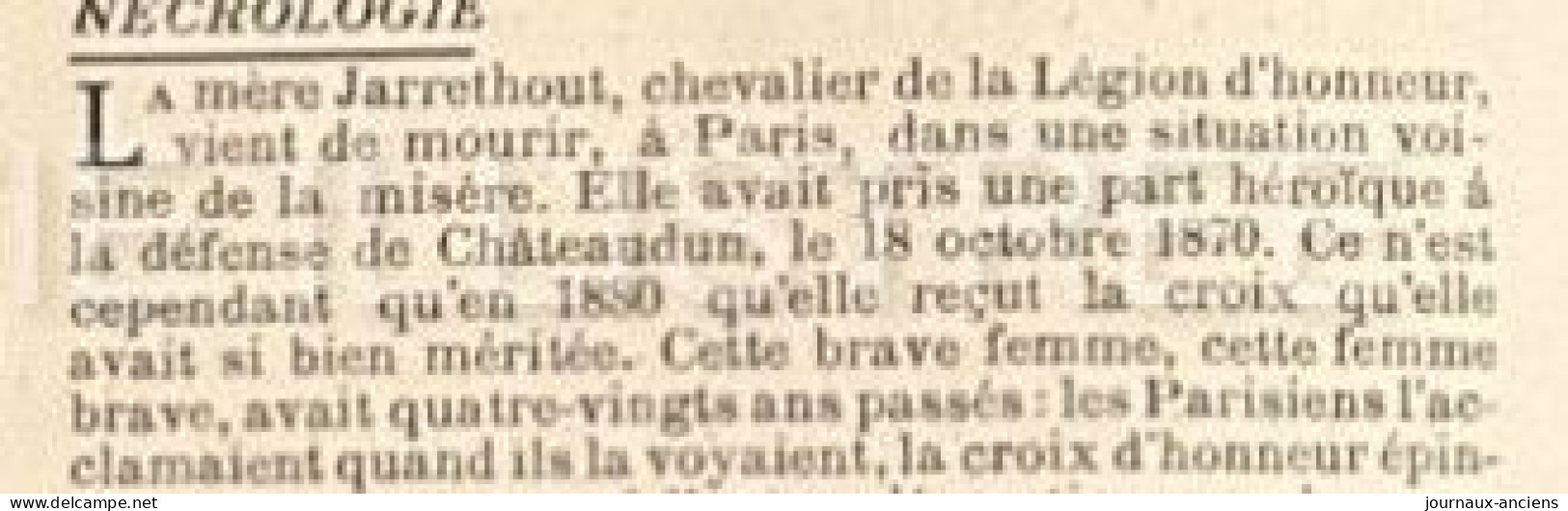 1905 MORT DE LA CANTINIÈRE DE CHATEAUDUN - Mme JARRETHOUT - LA LÉGION D'HONNEUR - DÉFENSE DE CHATEAUDUN 1870 - 1900 - 1949