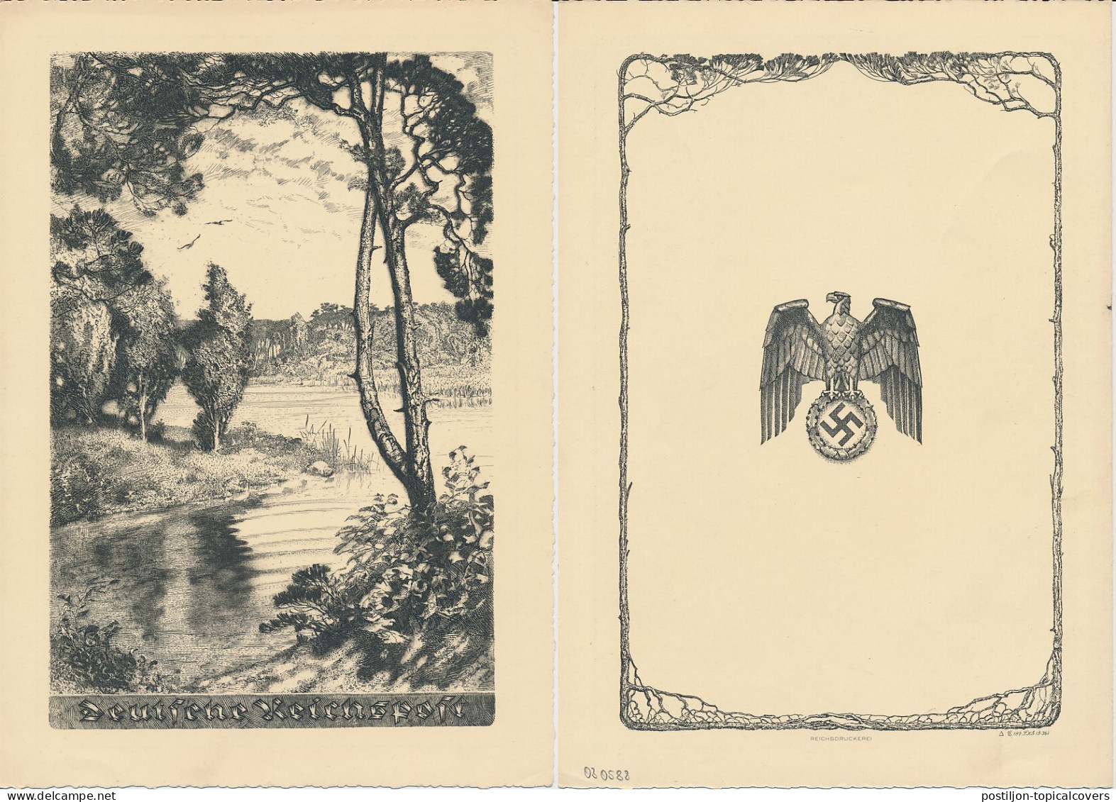 Telegram Germany 1937 - Schmuckblatt Telegramme Heather Landscape - Eagle - Lake - Swastika - Arbres