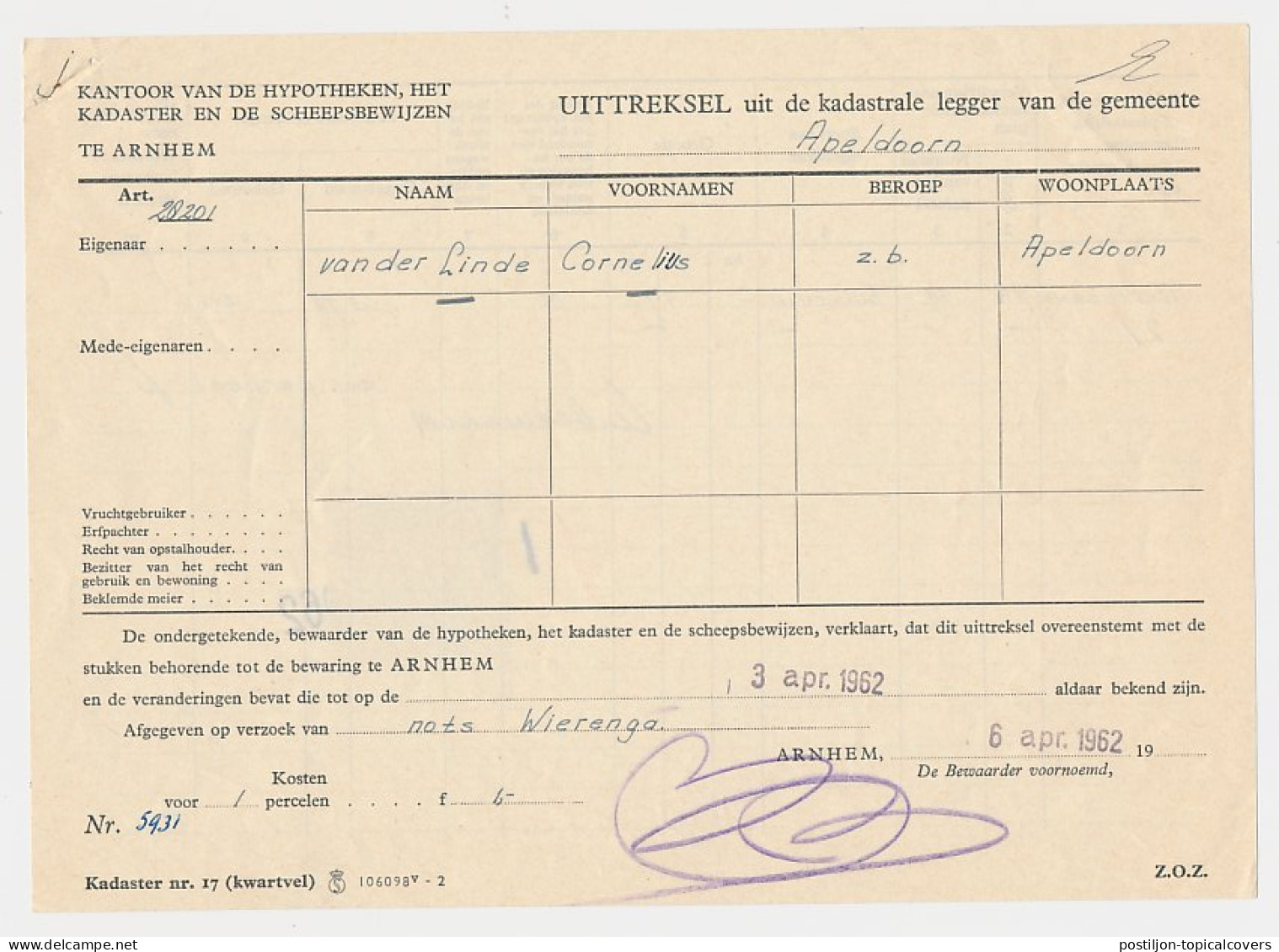 Hypotheekzegel 1.50 GLD. - Arnhem 1962 - Fiscaux