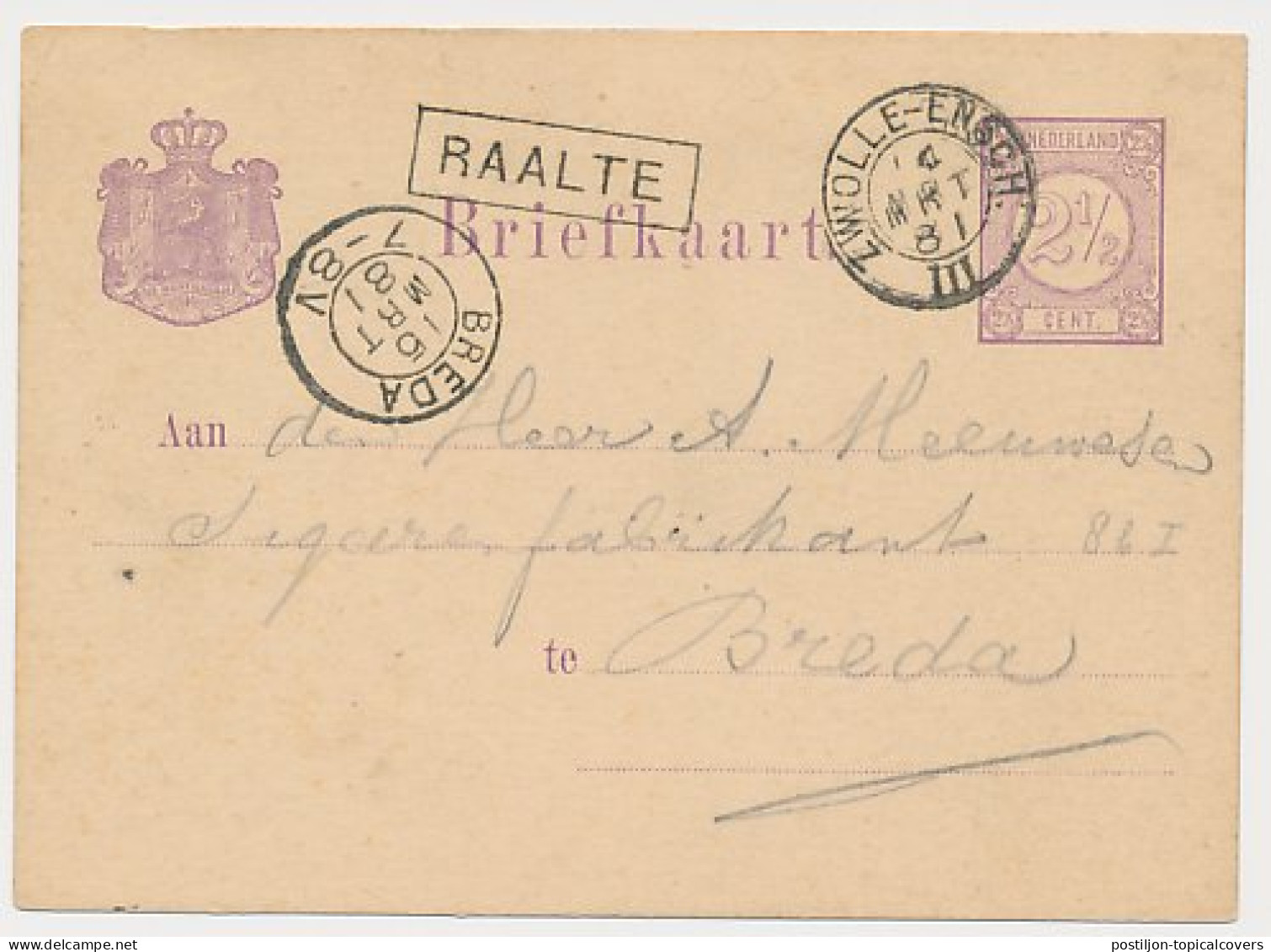 Trein Haltestempel Raalte 1881 - Covers & Documents