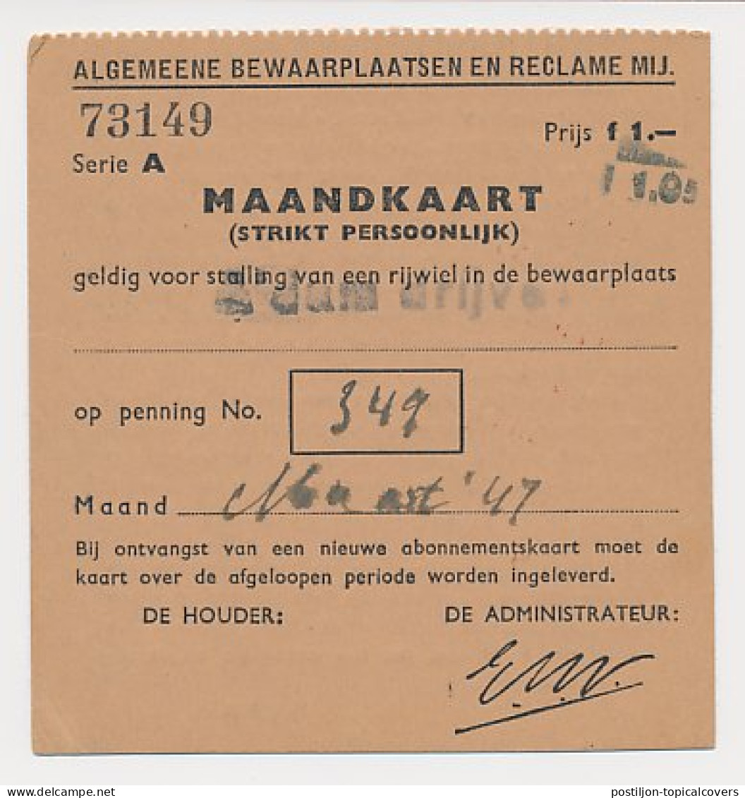 Maandkaart Rijwielstalling Amsterdam 1947 - Fiscale Zegels