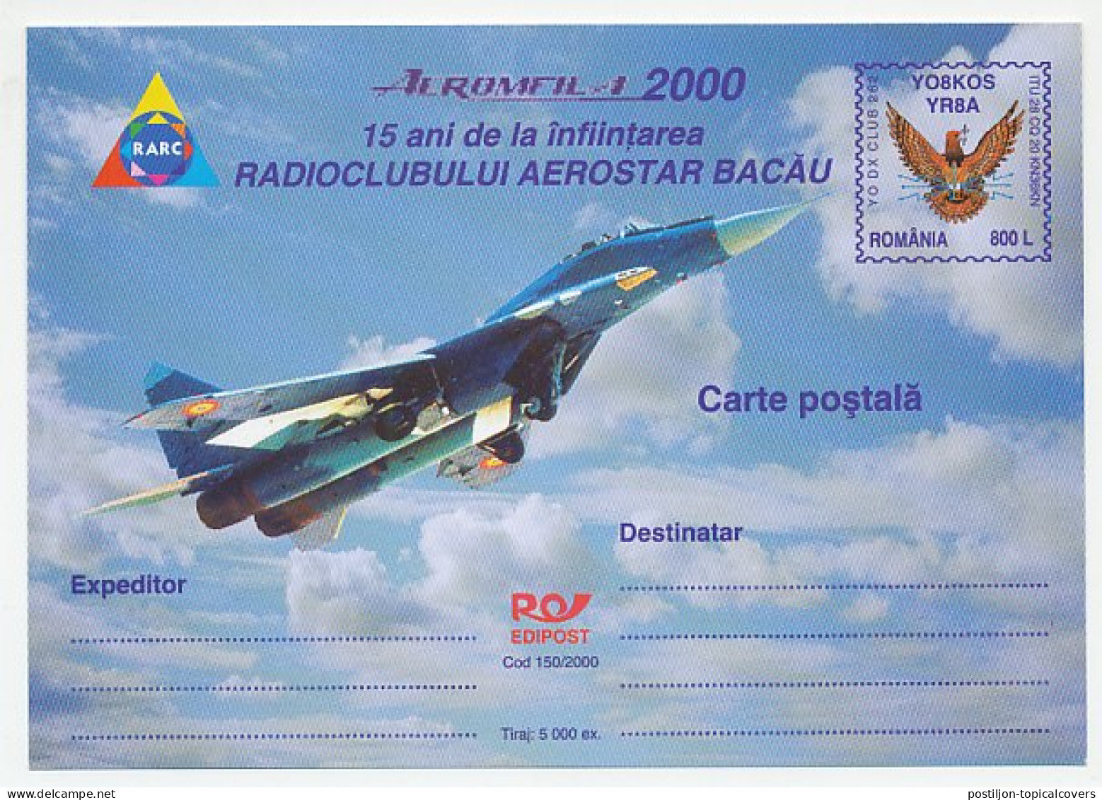 Postal Stationery Romania 2000 Jet Fighter - Militaria