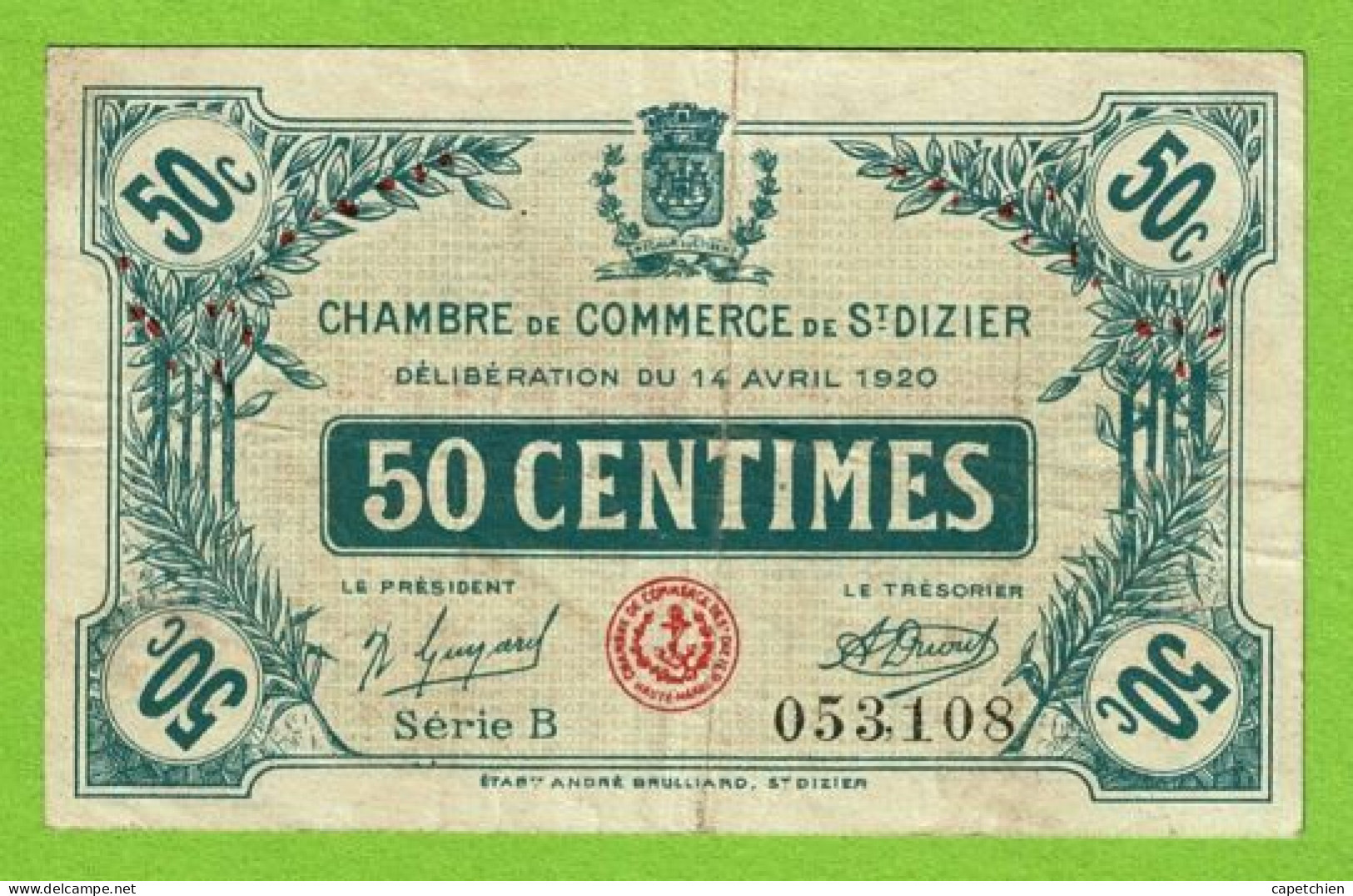 FRANCE / CHAMBRE De COMMERCE De SAINT DIZIER / 50 CENT./ 14 AVRIL 1920 / N° 053,108 / SERIE B - Cámara De Comercio