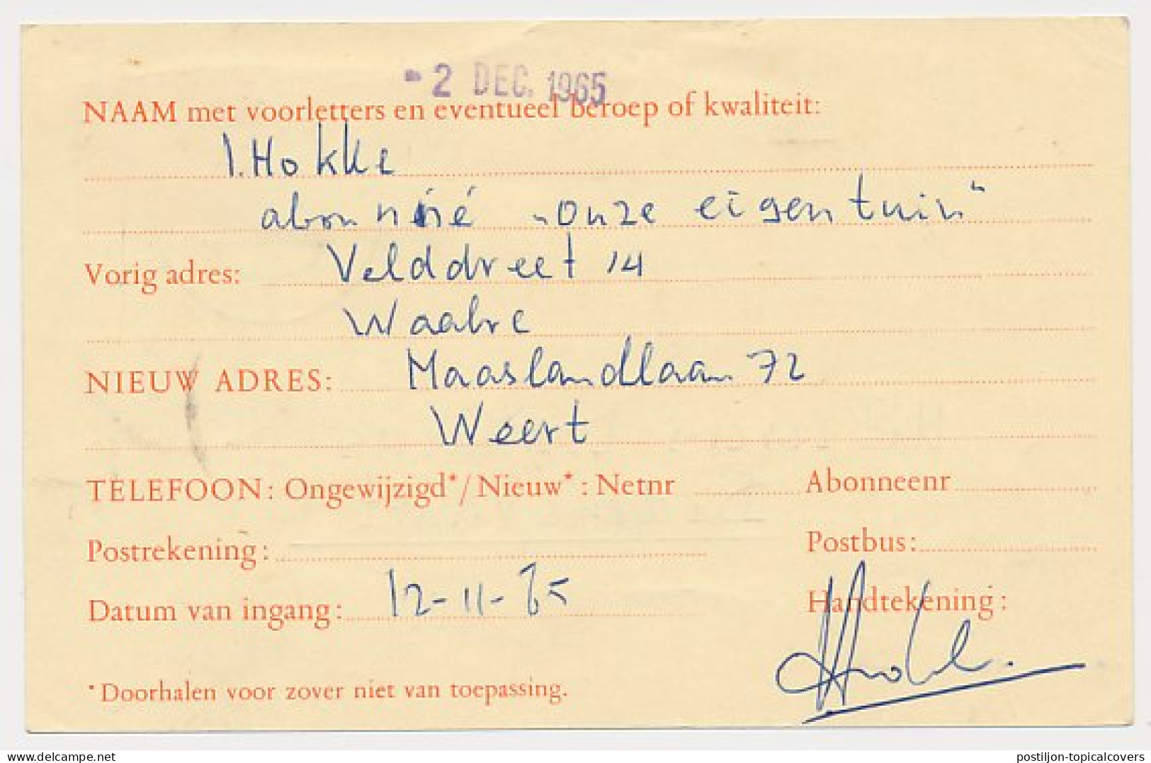 Verhuiskaart G. 30 Weert - Dedemsvaart 1965  - Interi Postali