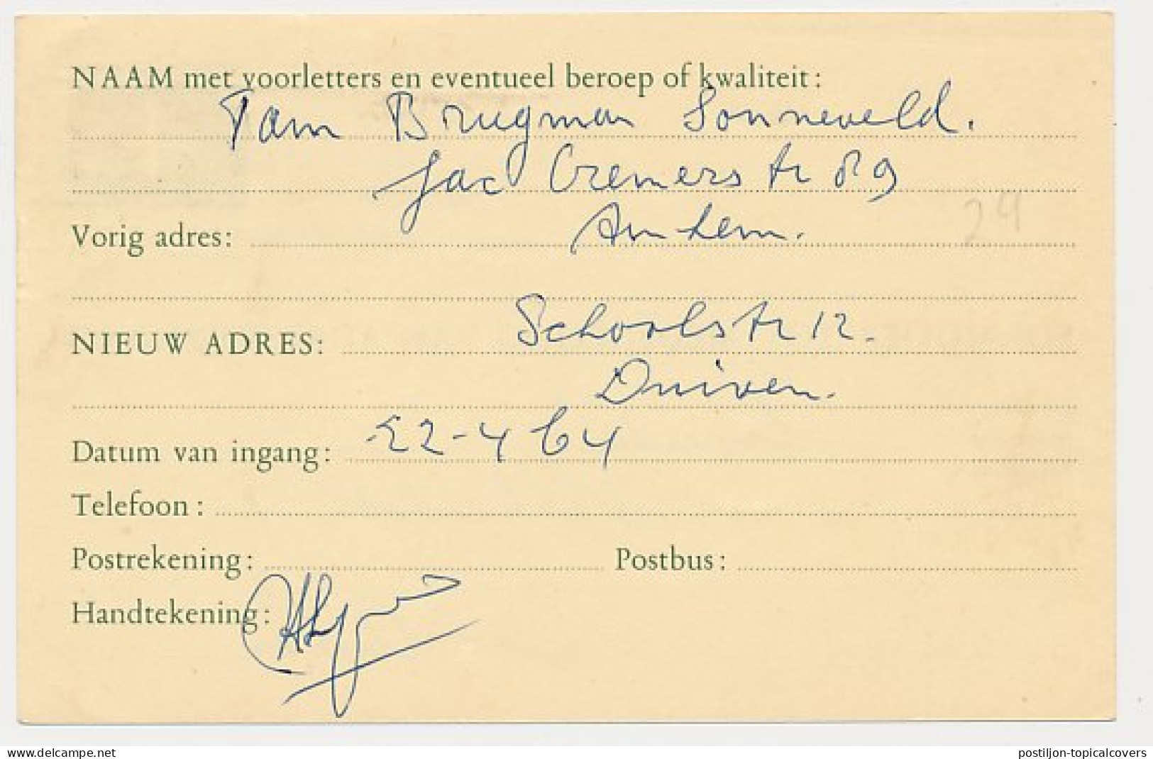 Verhuiskaart G. 26 Locaal Te Arnhem 1964 - Interi Postali