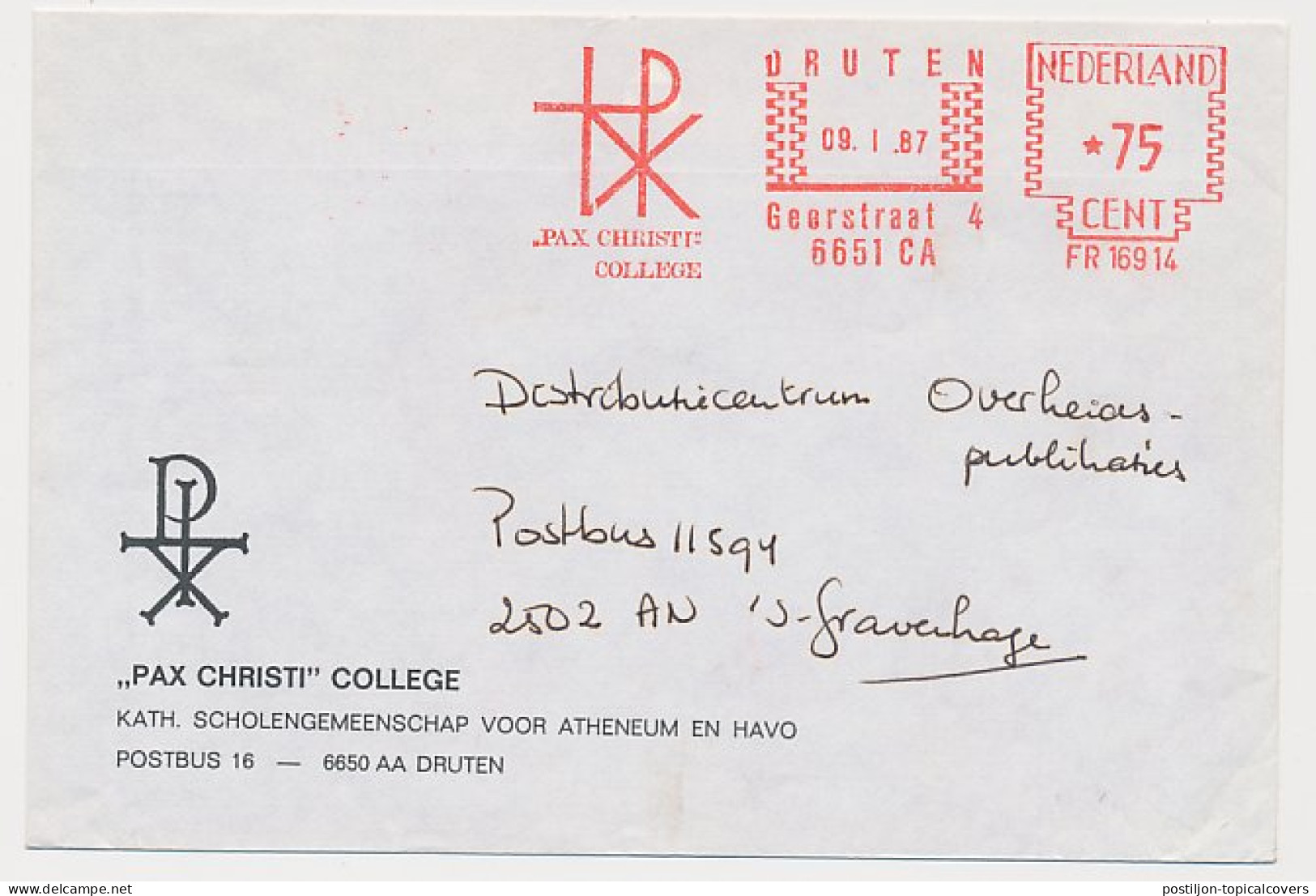 Meter Cover Netherlands 1987 Pax Christi - Druten - Altri & Non Classificati