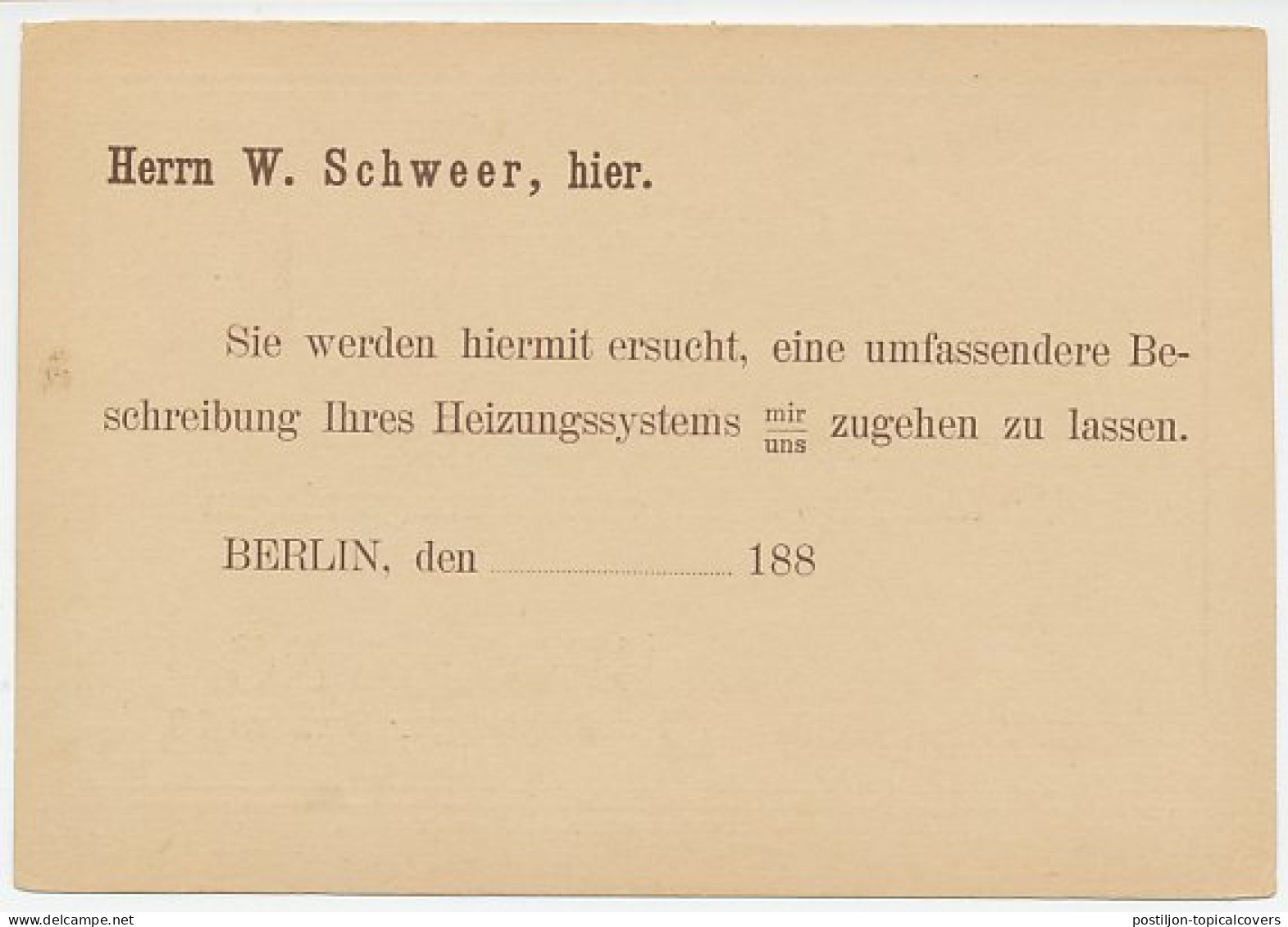 Local Mail Stationery Berlin 188. - Packetfahrkarte Ventilation And Central Heating Systems - Ohne Zuordnung