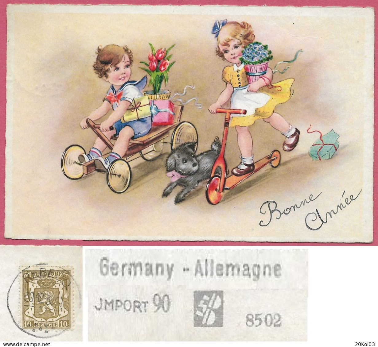 Deux Enfants Jeux Trottinette Voiture, Kinder Roller Auto, Germany JMPORT 90 N°8502_10c Timbre Rebecq +/-1936_Vintage - Jeux Et Jouets