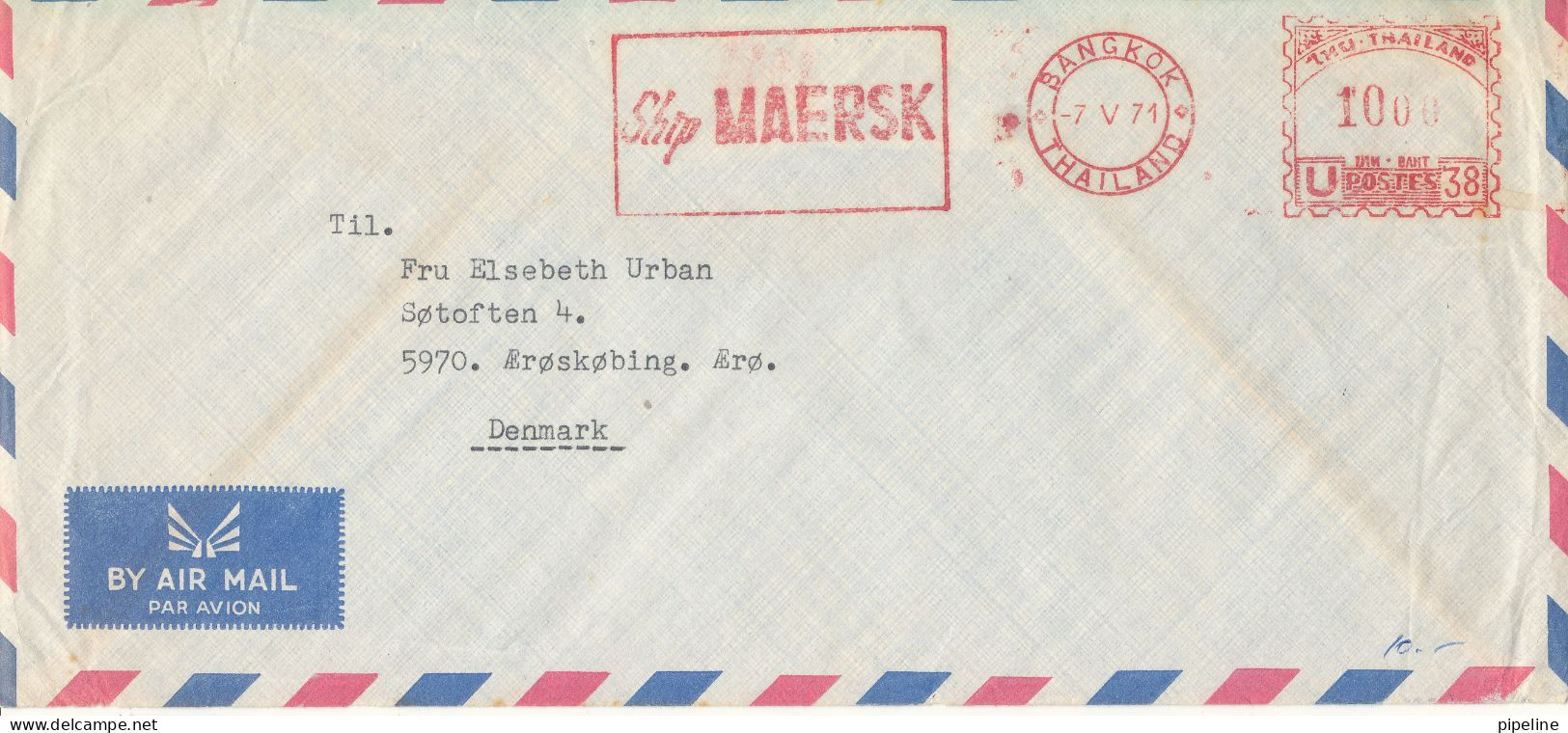 Thailand Air Mail Cover With Red Meter Cancel Sent To Denmark 7-5-1971 Ship Maersk - Thaïlande