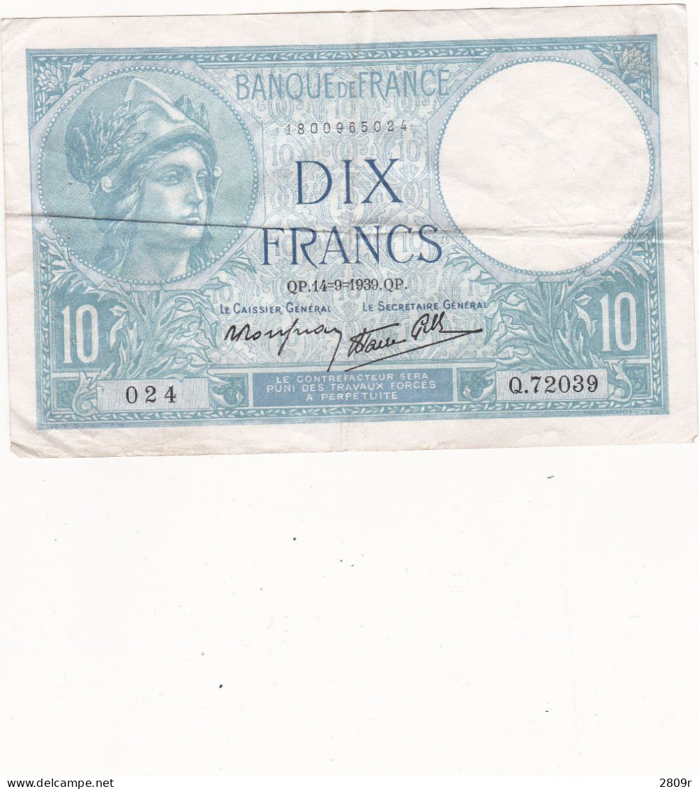 10 Francs Minerve Plis Centrale - 10 F 1916-1942 ''Minerve''