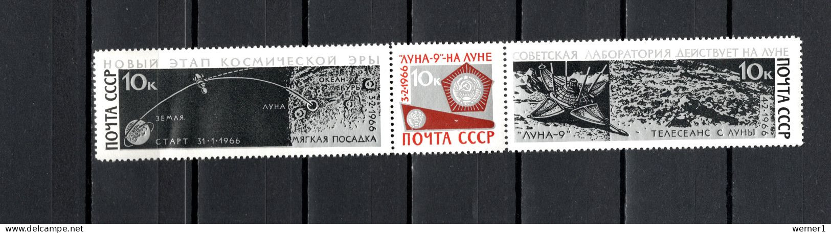 USSR Russia 1966 Space, Luna 9, Strip Of 3 MNH - Russia & URSS