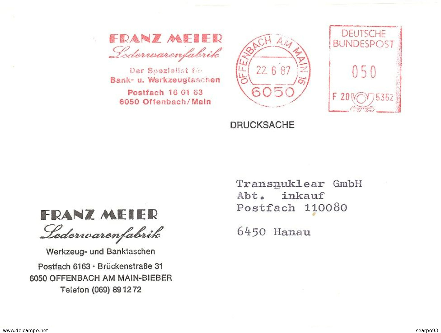 GERMANY. METER SLOGAN. FRANZ MEIER. LEATHER FACTORY. OFFENBACH. 1987 - Machines à Affranchir (EMA)