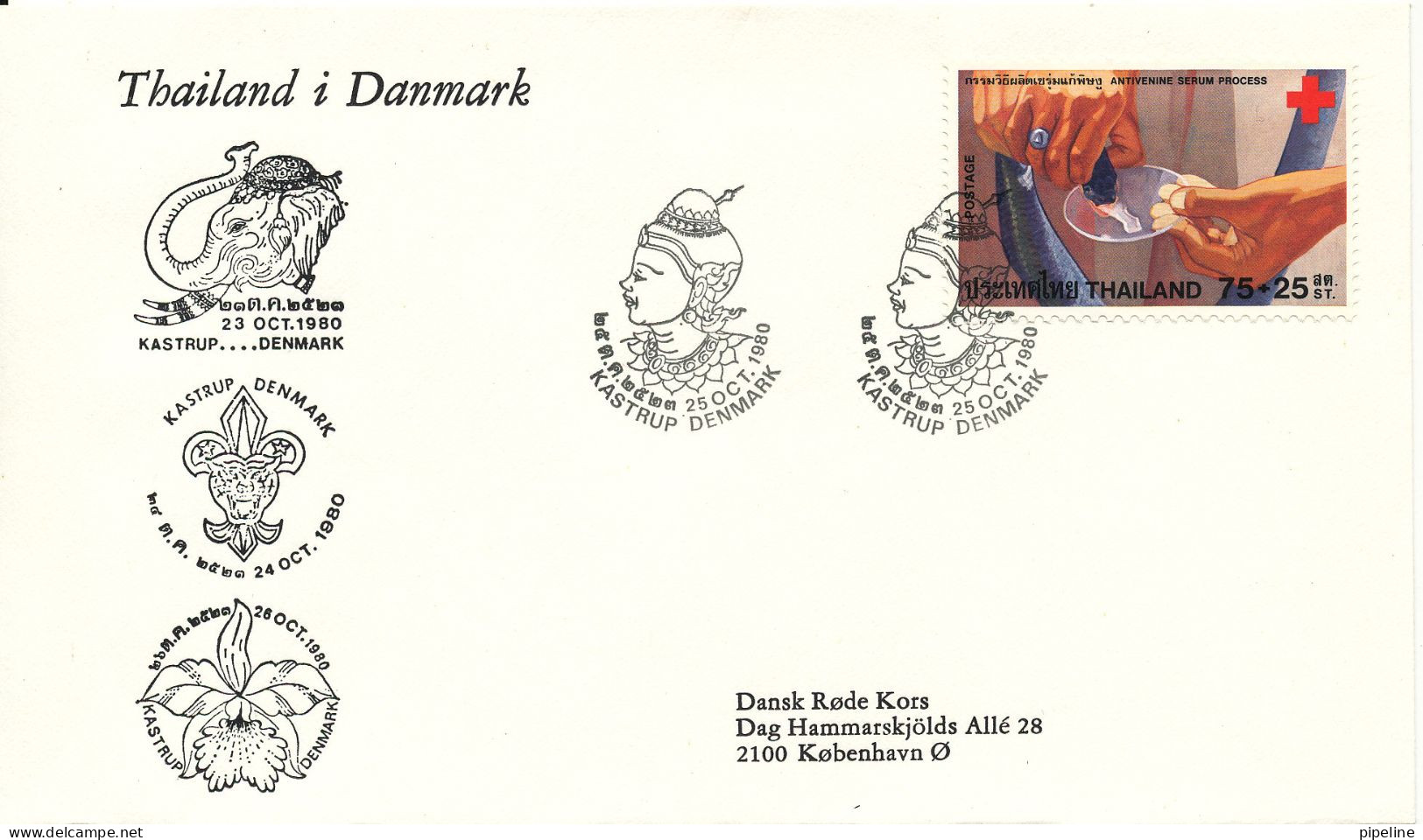 Thailand Denmark Cover Stamp Exhibition Thailand In Denmark 25-10-1980 Red Cross Stamp - Rode Kruis