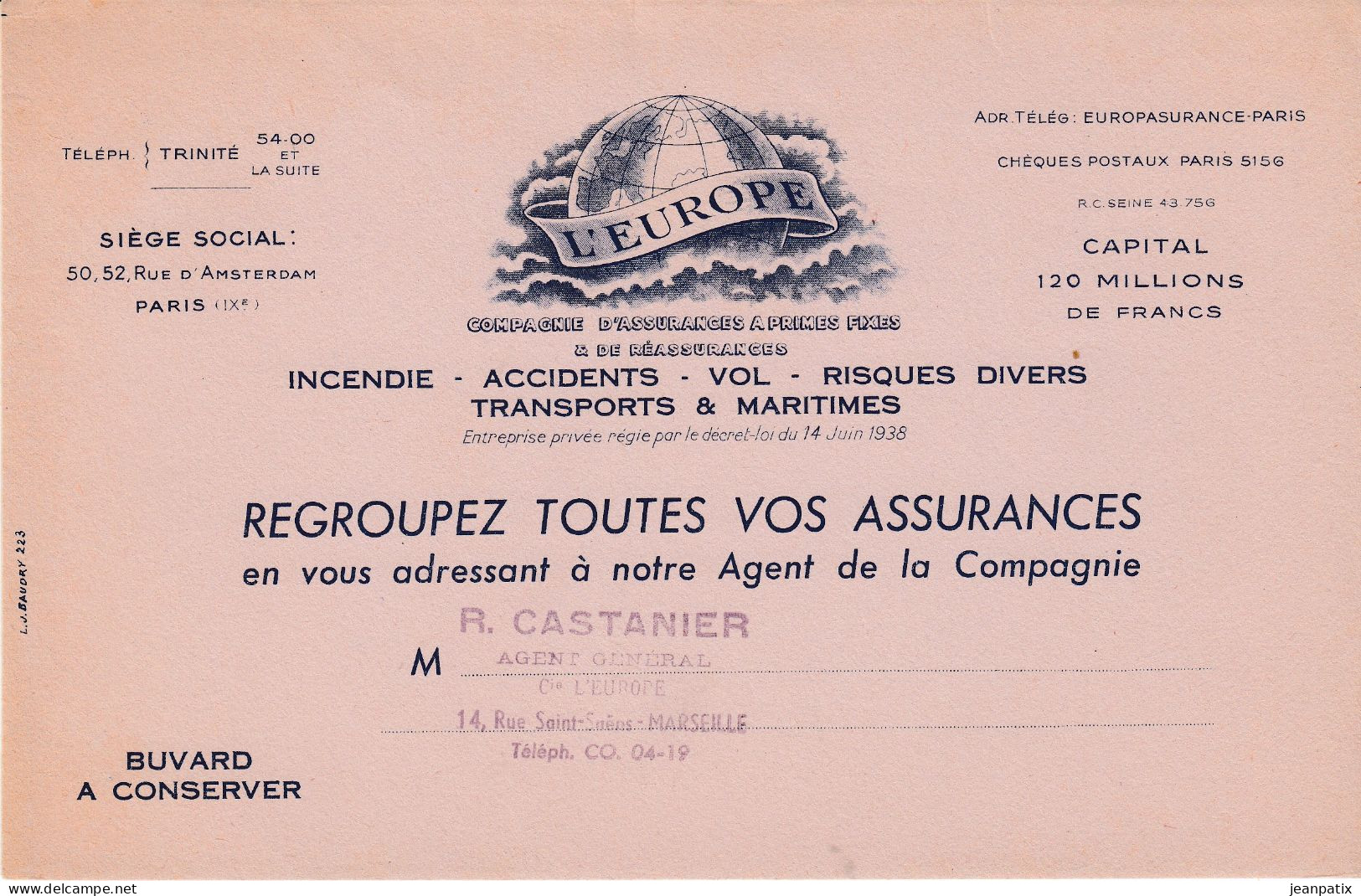 BUVARD & BLOTTER - Compagnie D'assurance L'EUROPE - Tampon Castanier Agent Marseille - Sonstige & Ohne Zuordnung