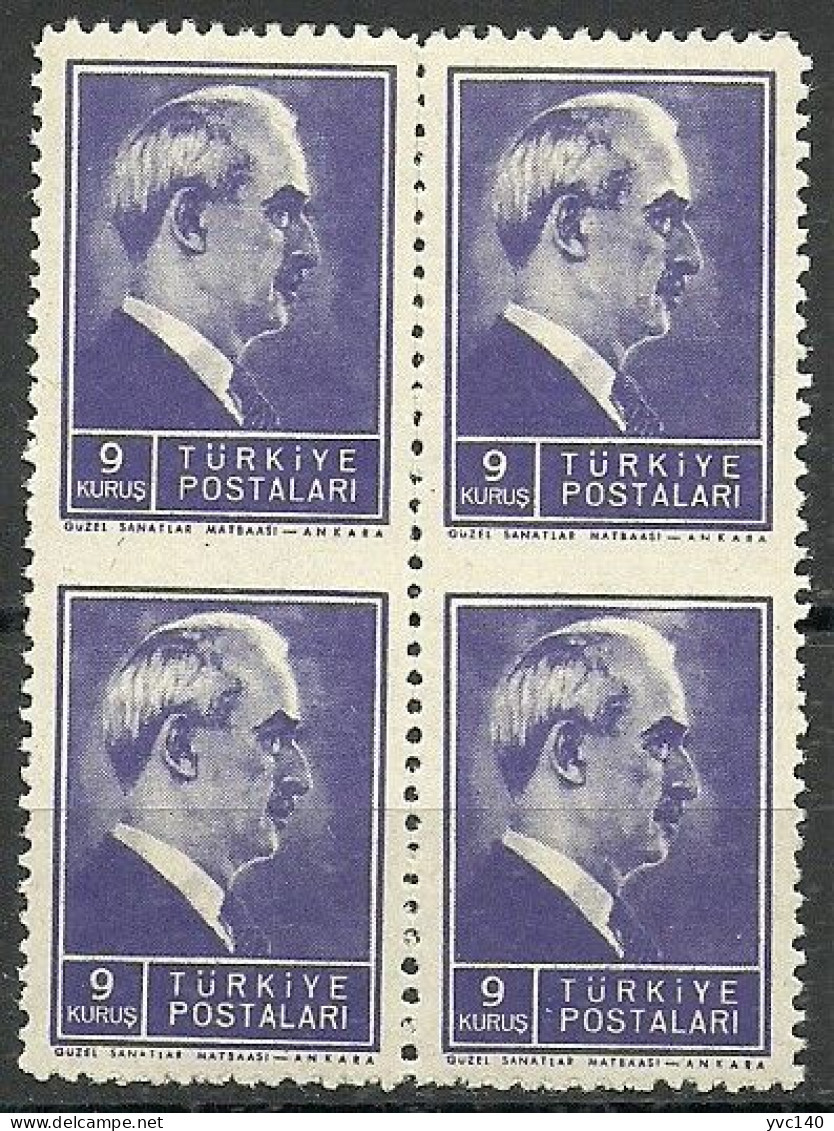 Turkey; 1944 2nd Inonu Issue 9 K. ERROR "Partially Imperf." (Block Of 4) - Neufs