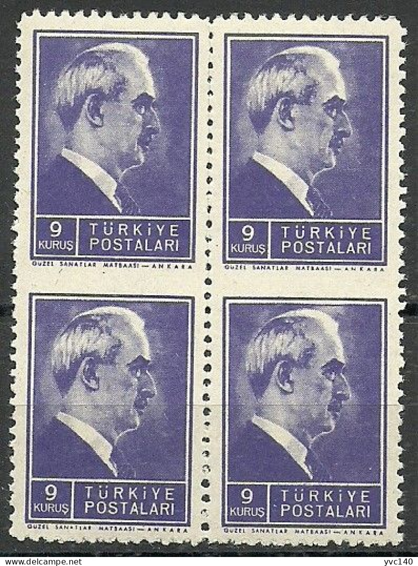 Turkey; 1944 2nd Inonu Issue 9 K. ERROR "Partially Imperf." (Block Of 4) - Nuovi