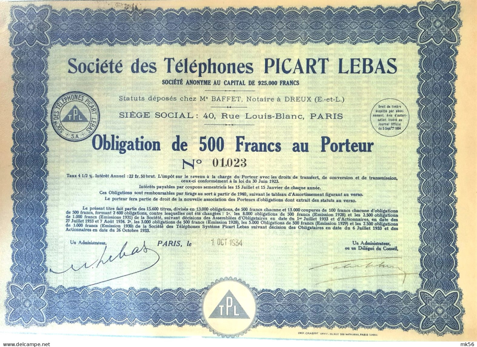 Société Des Téléphones Picart Lebas - Obligation De 500 Francs - 1934 - Paris - Andere & Zonder Classificatie