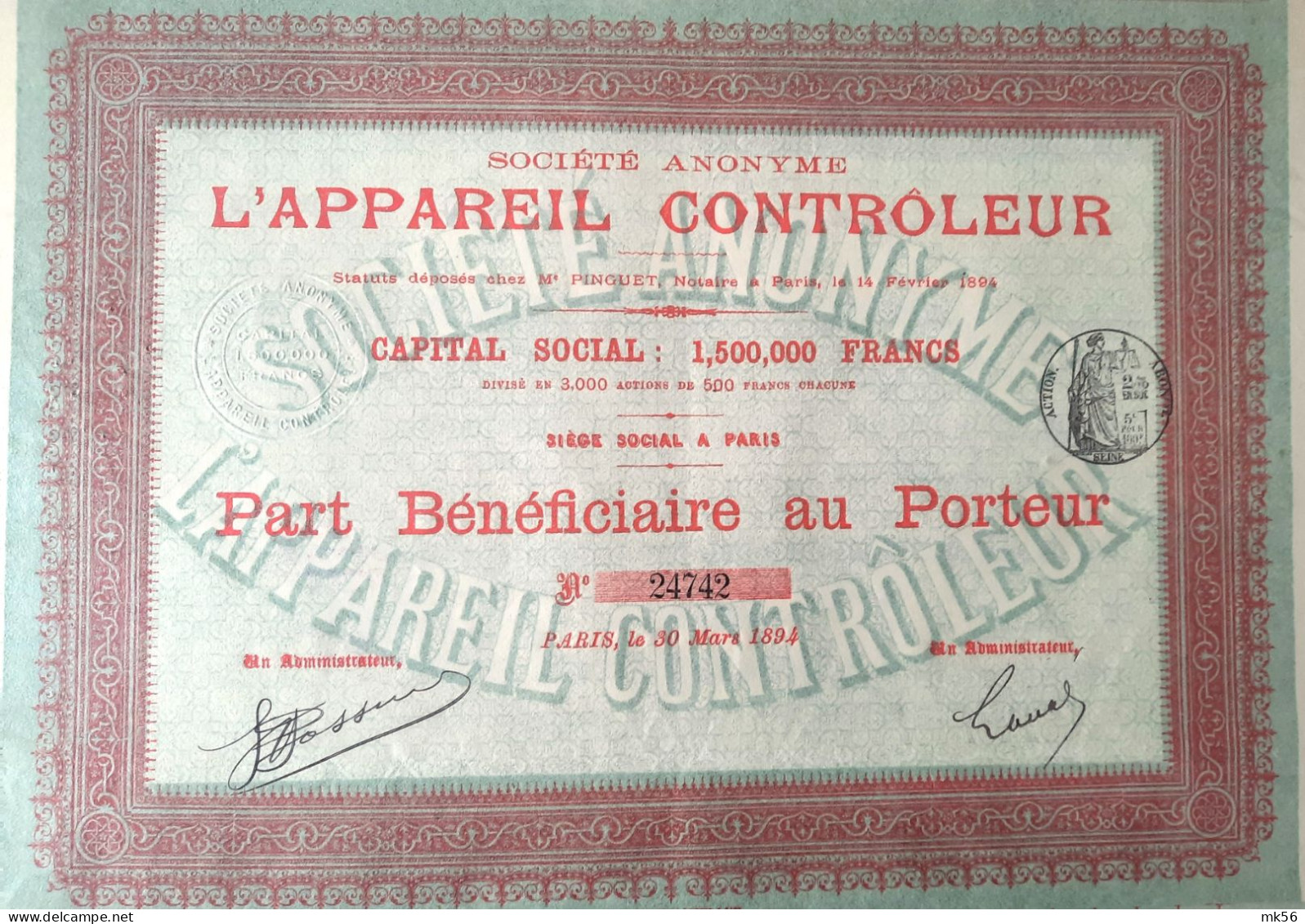 S.A. L'appareil Contrôleur  (1894!) - Paris - Autres & Non Classés