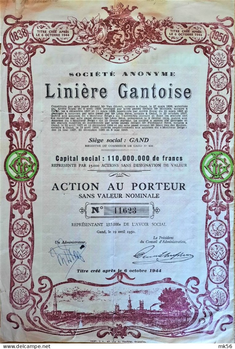 S.A. Linière Gantoise - 1950 - Action Au Porteur - Tessili