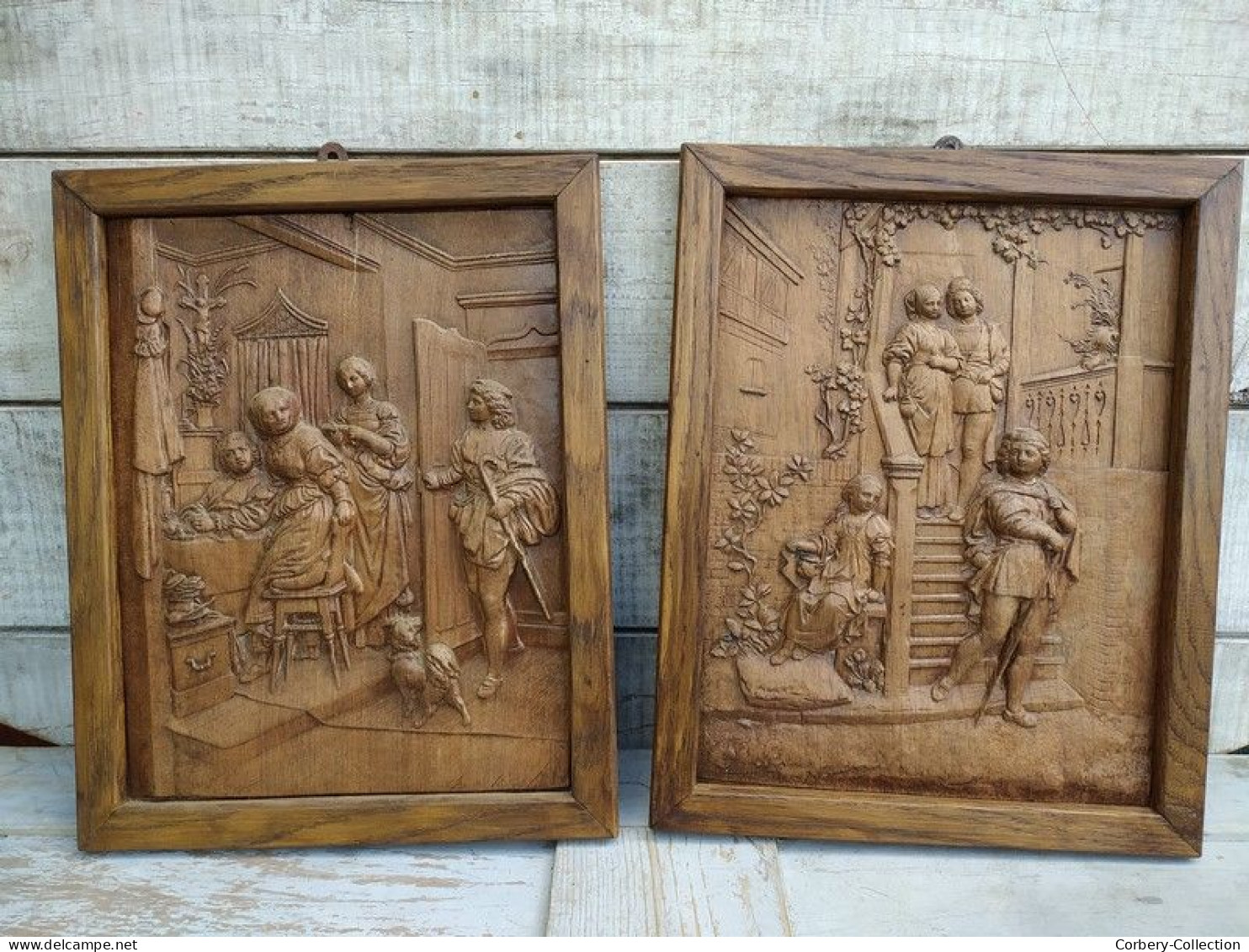 Anciens Panneaux De Bois Sculpté Scènes De Genre - Madera