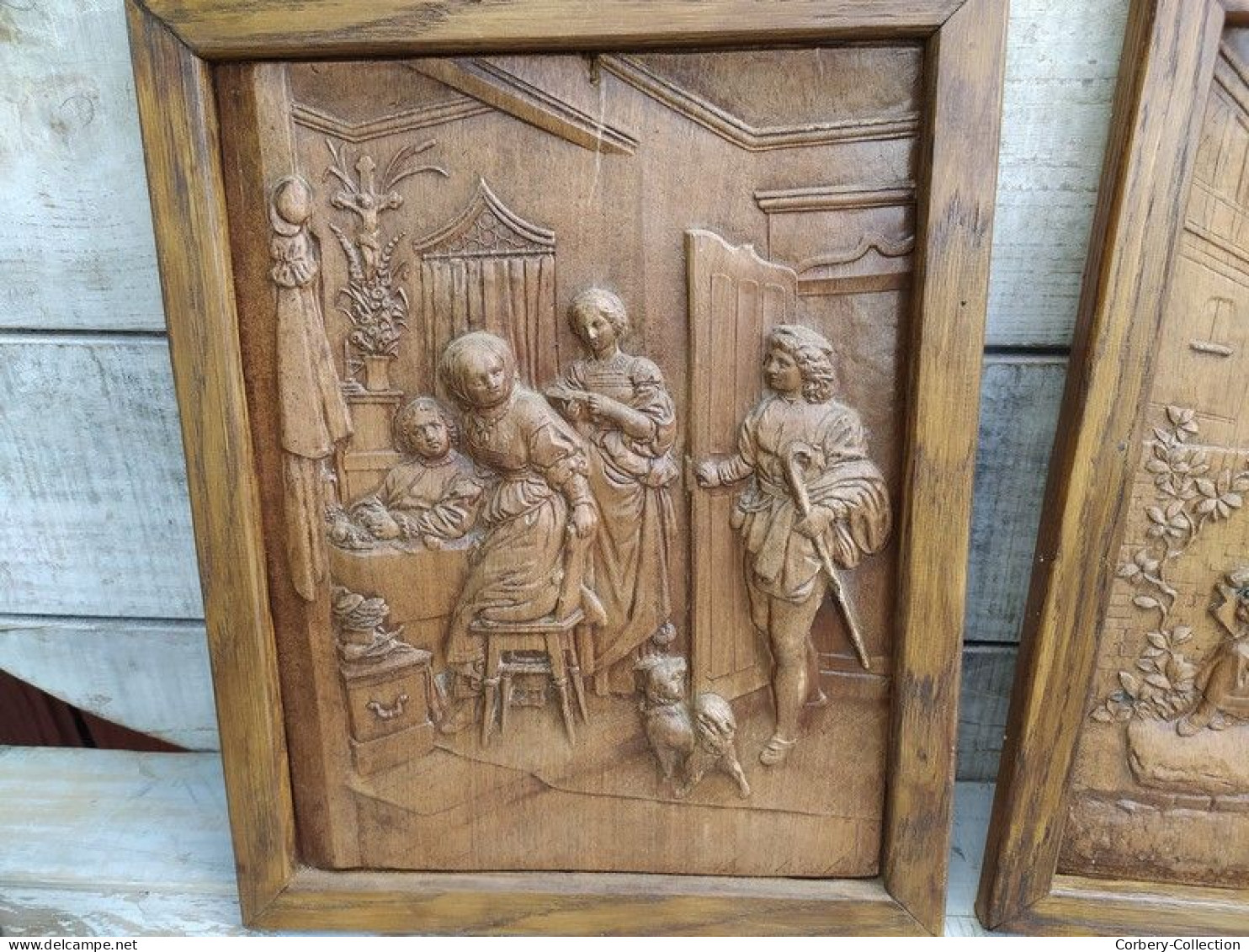 Anciens Panneaux De Bois Sculpté Scènes De Genre - Holz