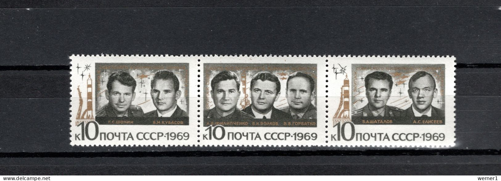 USSR Russia 1969 Space, Soyuz 6, 7 And 8, Strip Of 3 MNH - UdSSR