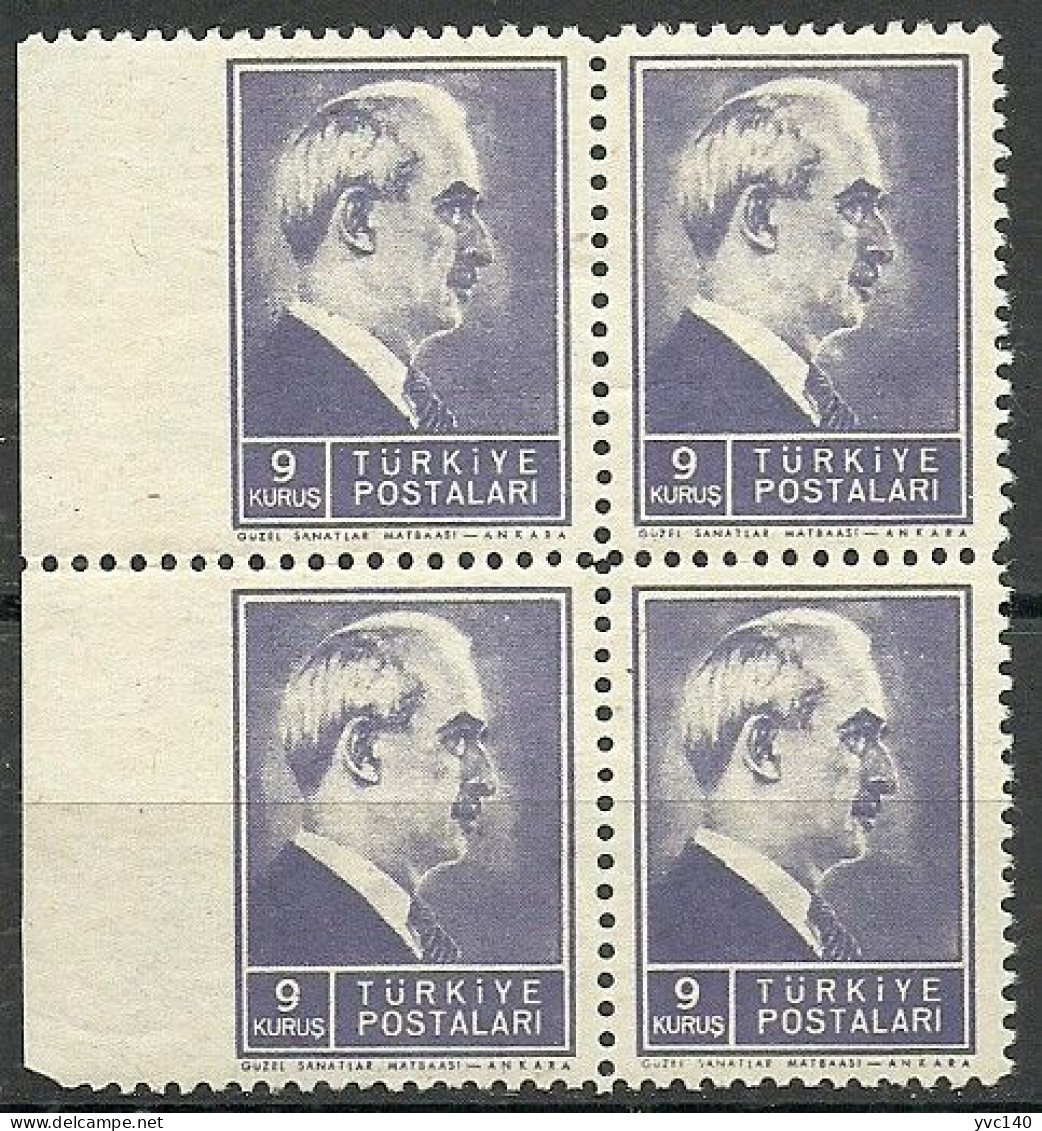 Turkey; 1944 2nd Inonu Issue 9 K. ERROR "Imperf. Margin" Block Of 4 - Ungebraucht