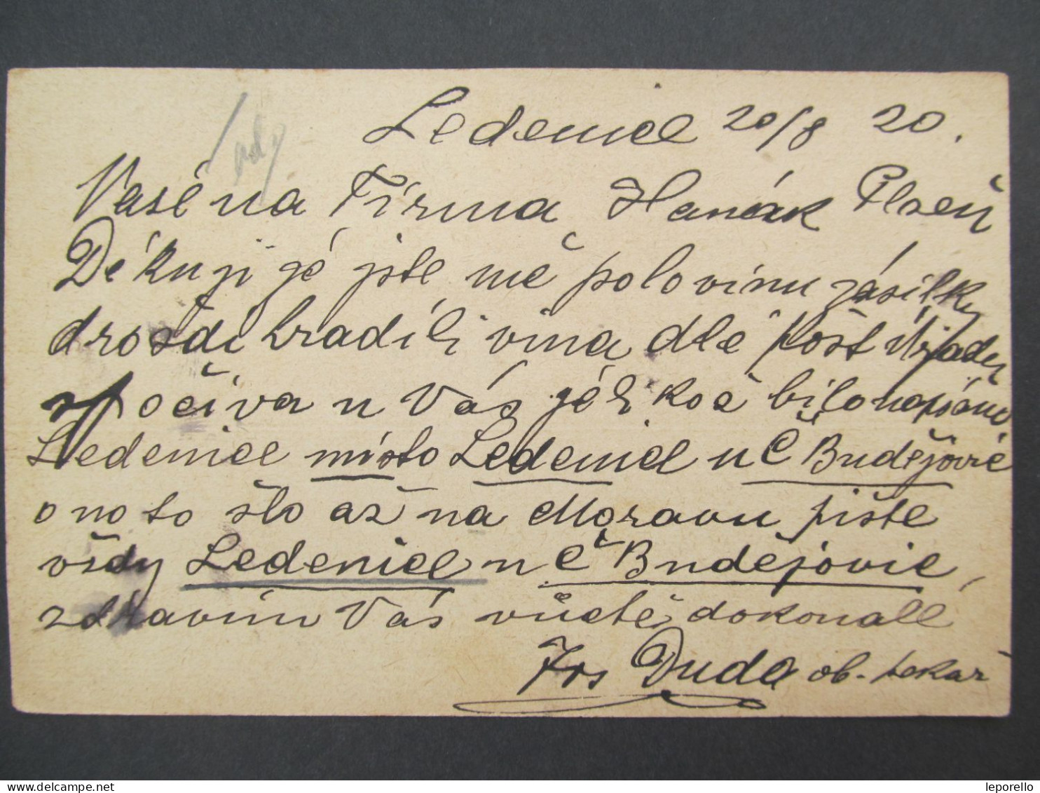 GANZSACHE Ledenice Budějovice J. Duda Pekař 1920 Hradčany   // P8228 - Covers & Documents