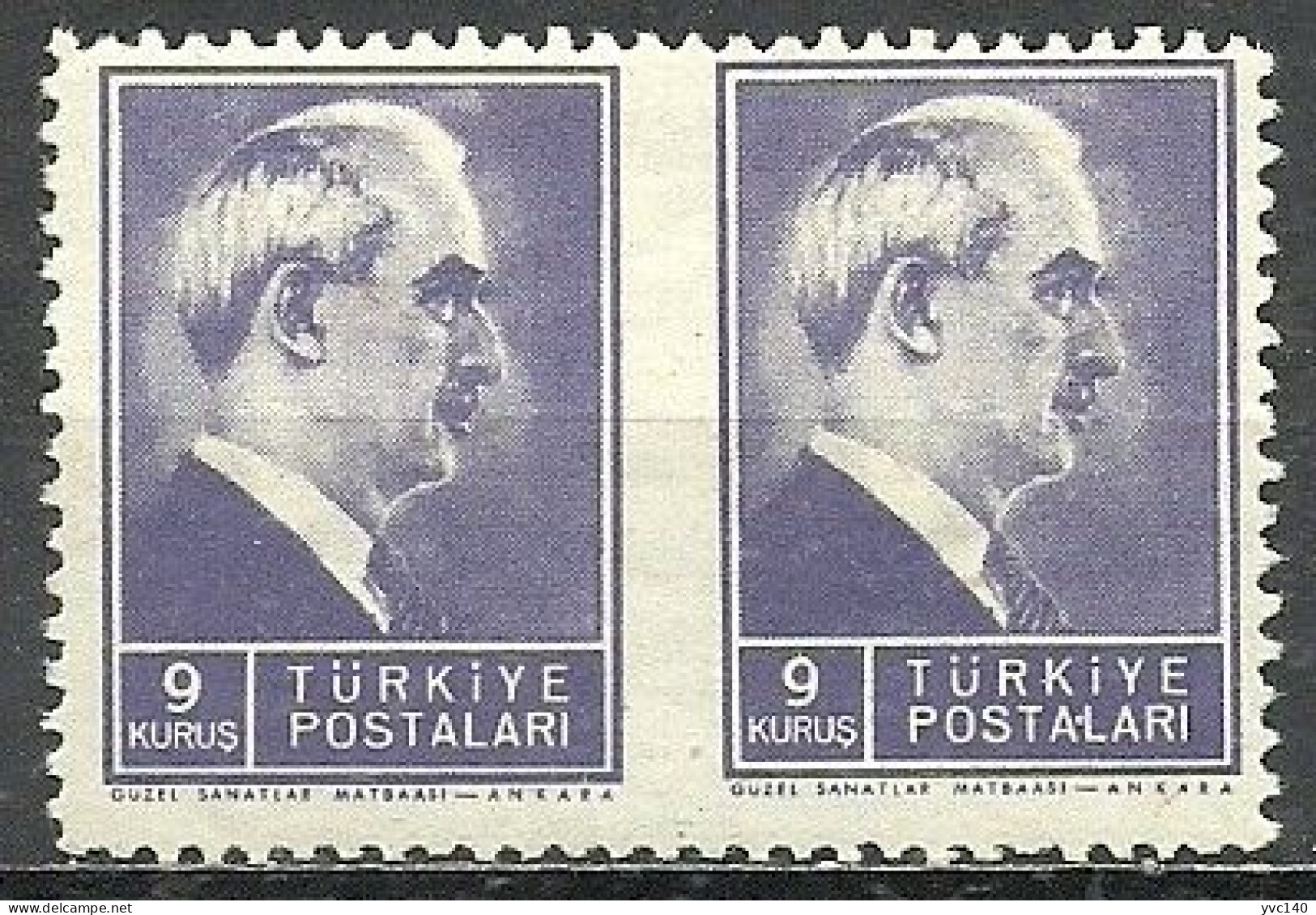 Turkey; 1944 2nd Inonu Issue 9 K. ERROR "Partially Imperf." - Unused Stamps