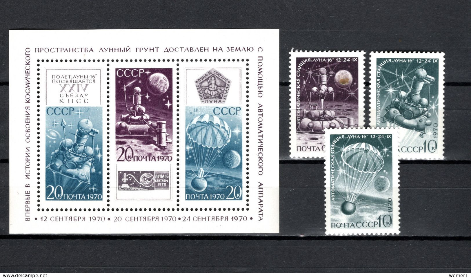 USSR Russia 1970 Space, Luna 16 Set Of 3 + S/s MNH - Rusland En USSR