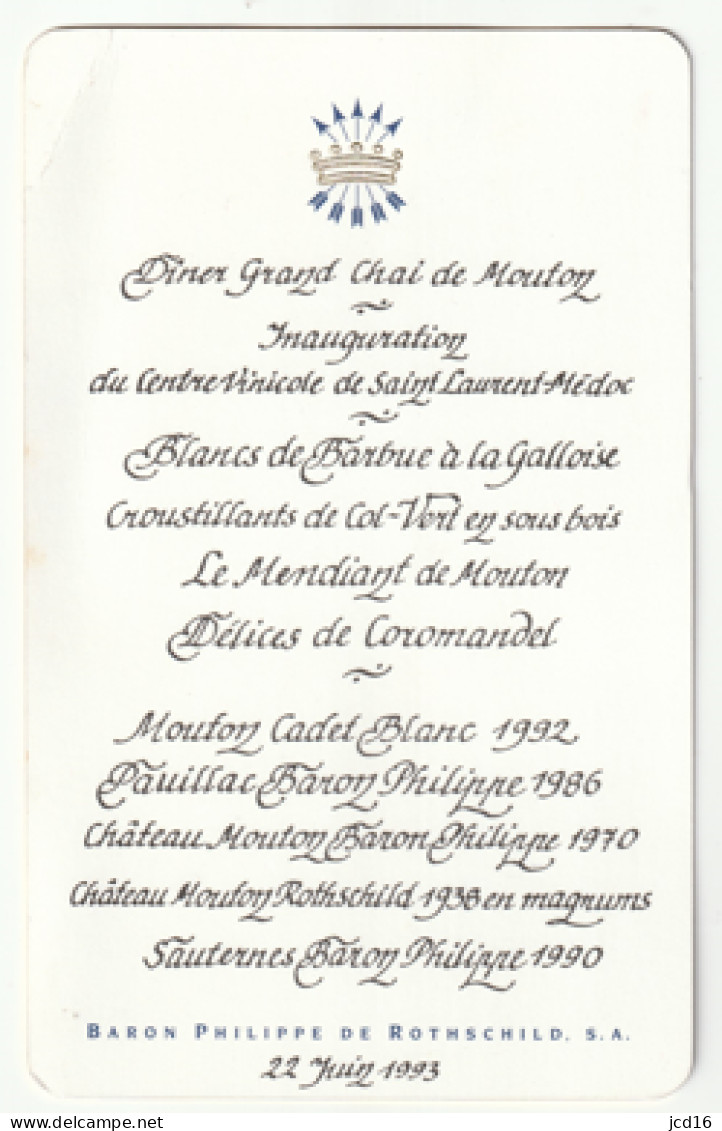 CARTE MENU DINER GRAND CHAI DE MOUTON ROTSCHILD LE 22 JUIN 1990 Inauguration VIN - Menükarten