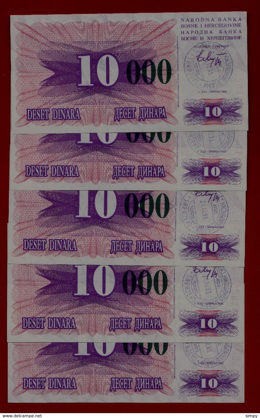 BOSNIA 5x 10.000 Dinara 24.12.1993 UNC Pick 53g   Handstamp Sarajevo - Bosnia Y Herzegovina