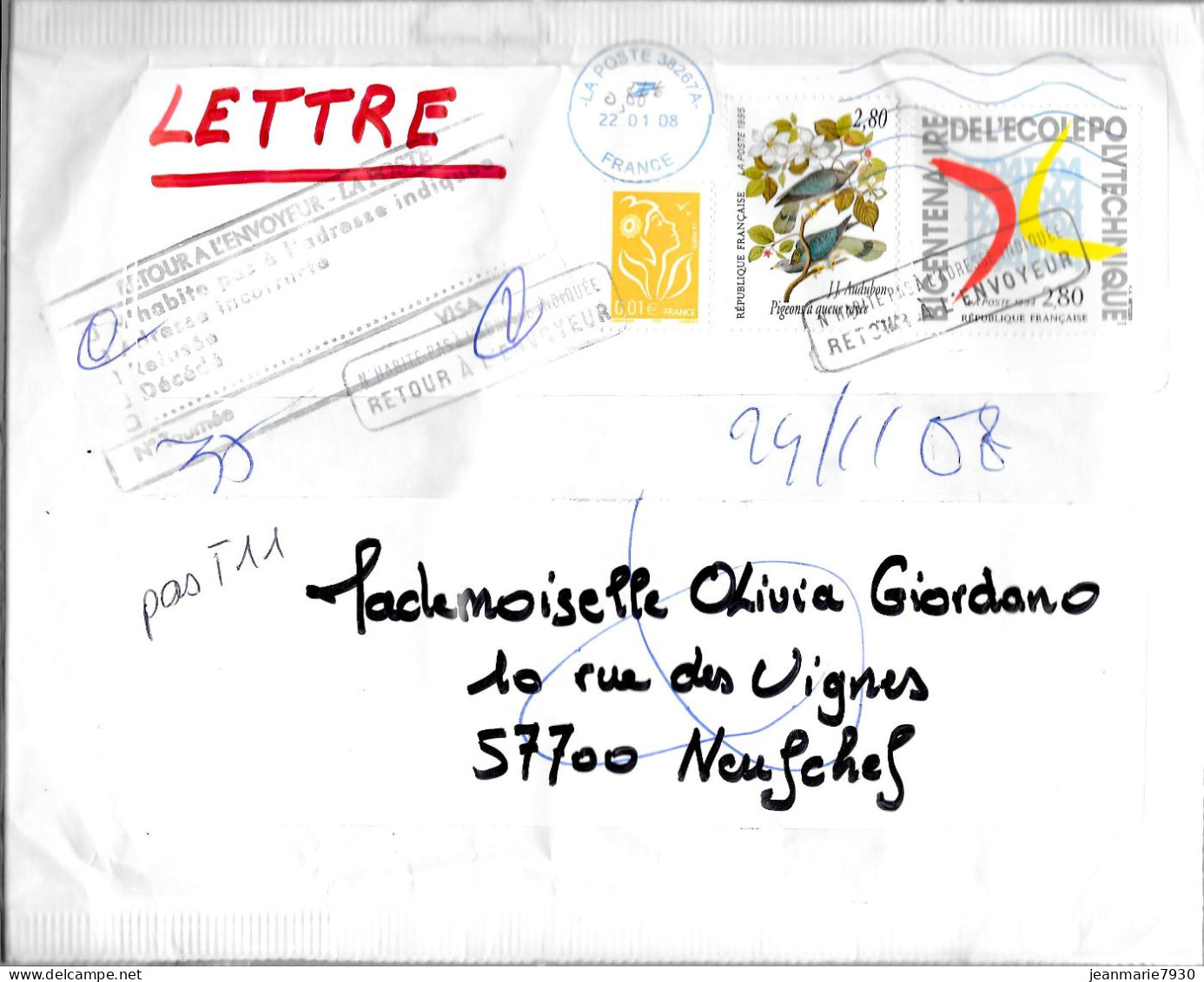 M116 - LETTRE DE HAYANGE CDIS DU 22/01/08 - RETOUR A L'ENVOYEUR - Cartas & Documentos