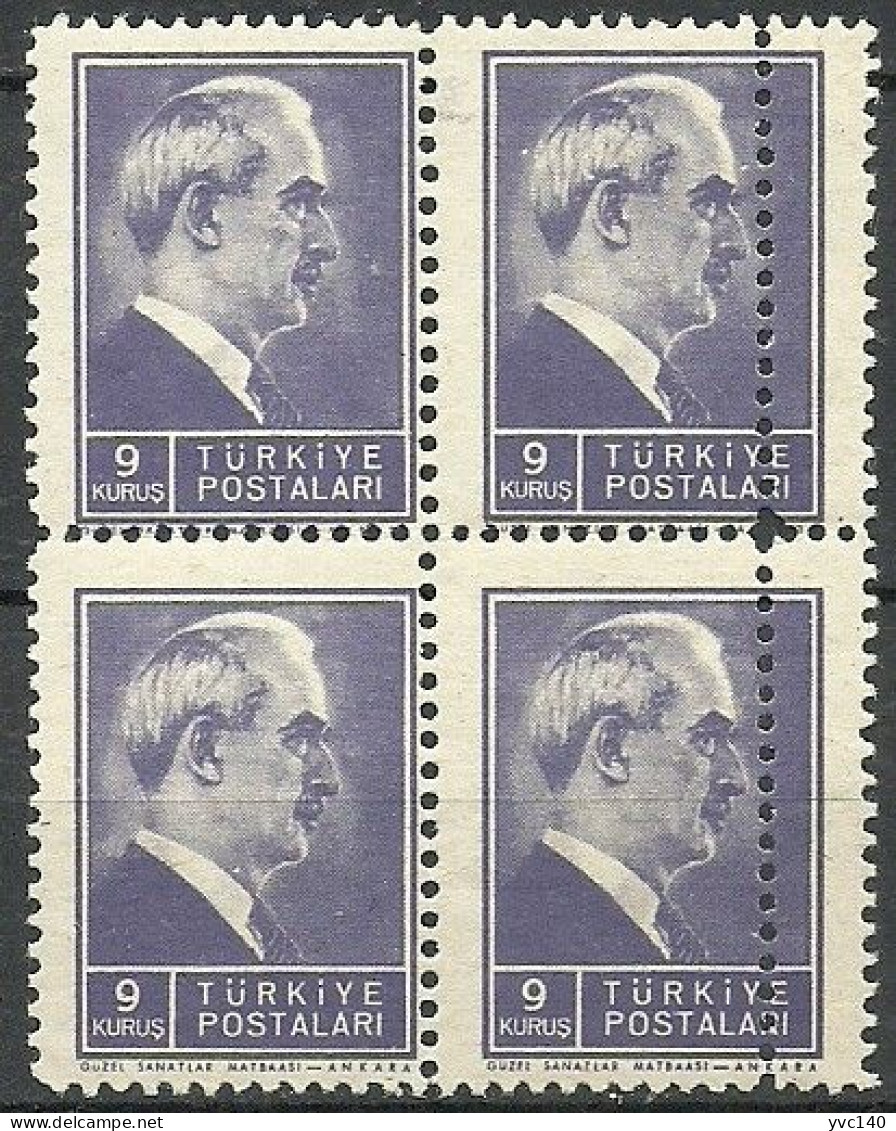 Turkey; 1944 2nd Inonu Issue 9 K. ERROR "Double Perf." Block Of 4 - Ungebraucht