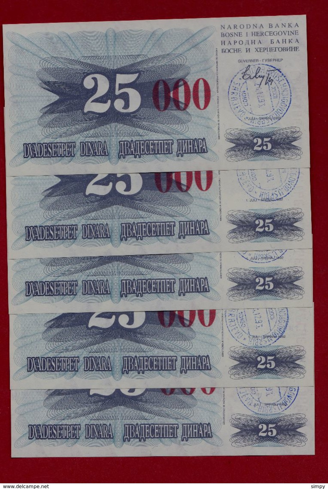 BOSNIA 5x 25.000 Dinara 24.12.1993 UNC Pick 54h   Hand Stamp Sarajevo - Bosnia And Herzegovina