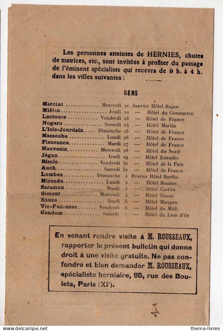 Paris; Publicité  Méthode ROUSSEAUX  La Hernie Est Guerissable (dates De La ,toiurnée Du  Dr Dans Le Gers)  (PPP47196) - Advertising