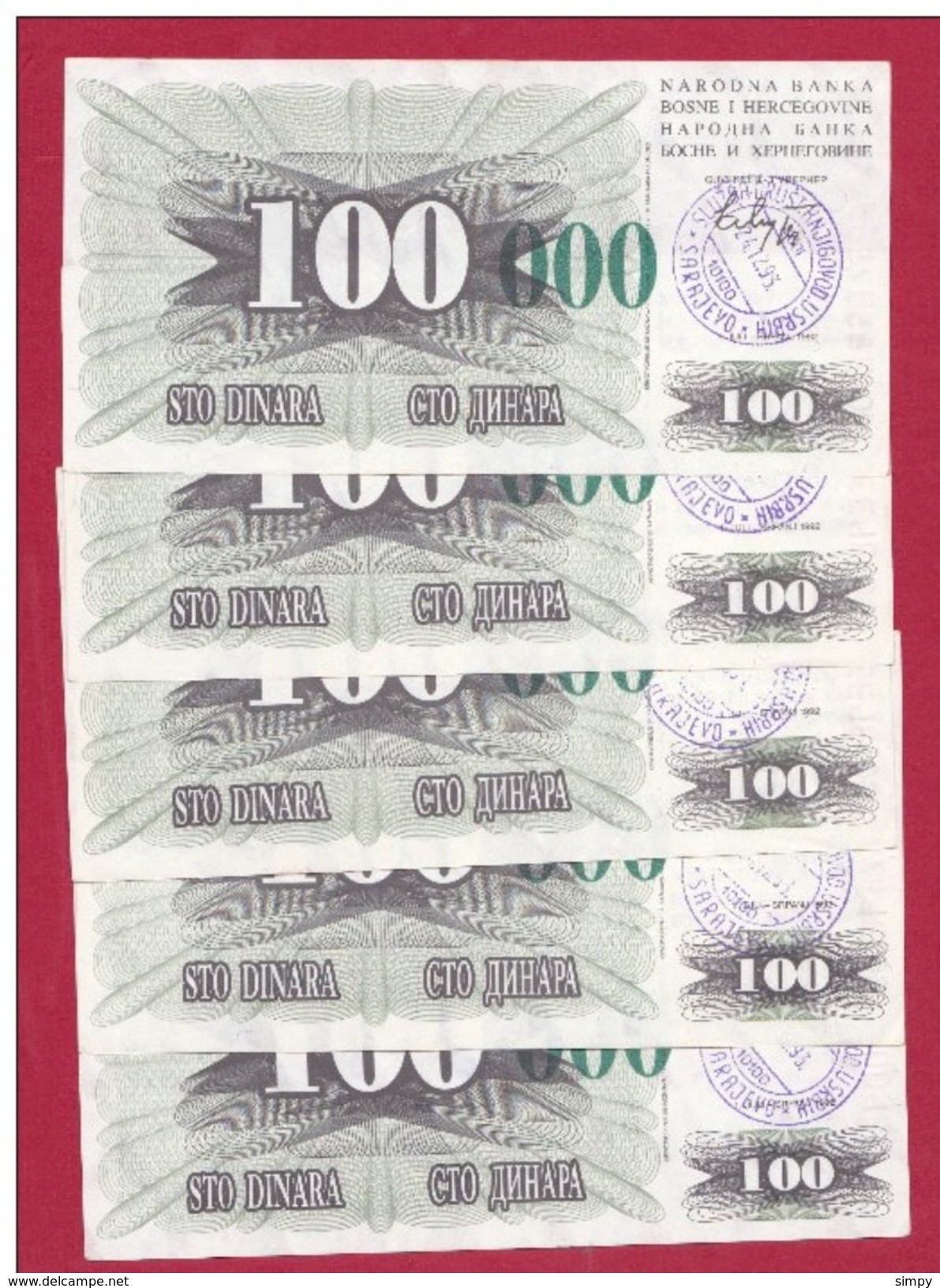 BOSNIA  5x 100.000 Dinara 24.12.1993 Pick 56g  Handstamp Sarajevo - Bosnië En Herzegovina