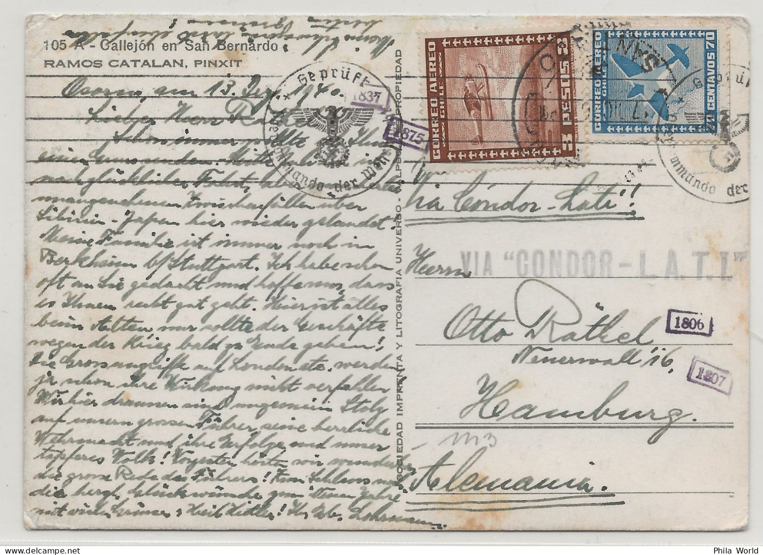 LATI 1940 Air Mail Postcard CHILE CHILI CONDOR LATI GERMANY Hamburg Gepruft Censorship OKW Sur CP RAMOS CATALAN PINXIT - Cile
