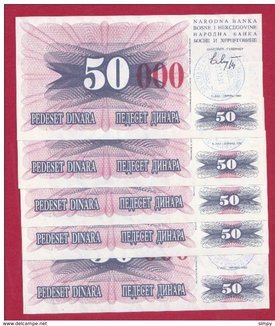 BOSNIA And HERZEGOVINA 5x  50.000 Dinara 24.12.1993 UNC Pick 55h   Handstamp Sarajevo - Bosnië En Herzegovina