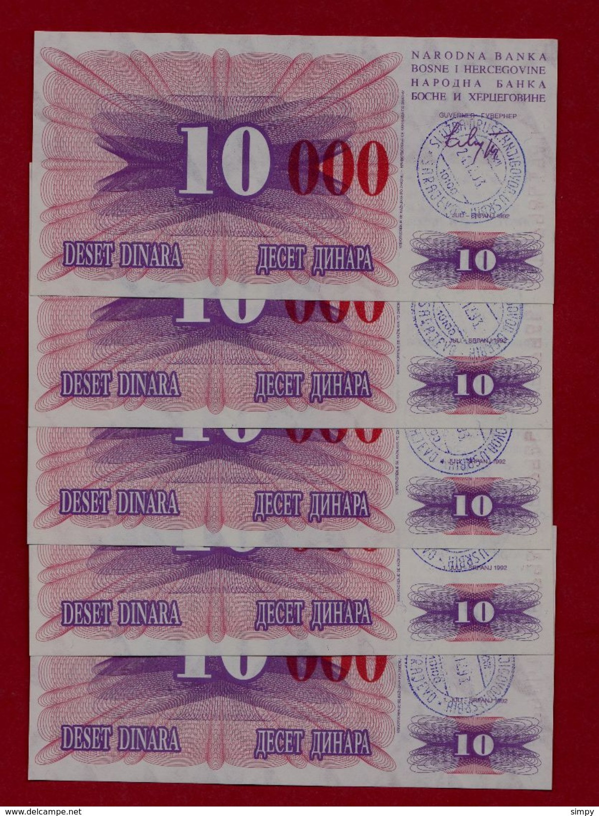 BOSNIA 5x 10.000 Dinara 24.12.1993 UNC Pick 53h   Handstamp Sarajevo - Bosnia And Herzegovina