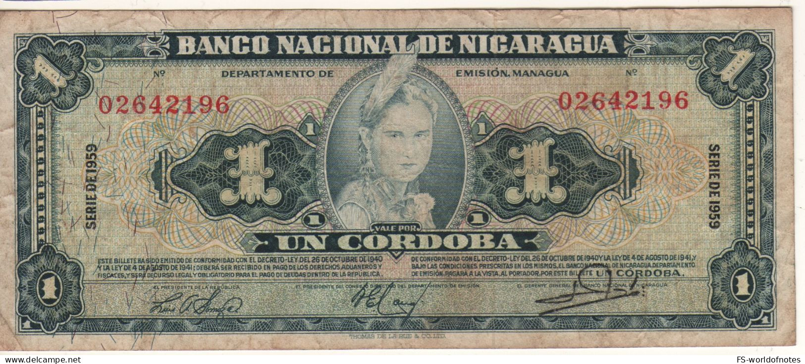 NICARAGUA.  1 Cordoba  P99c   Serie 1959   (  Indian Girl + Banco Central Building At Back ) - Nicaragua