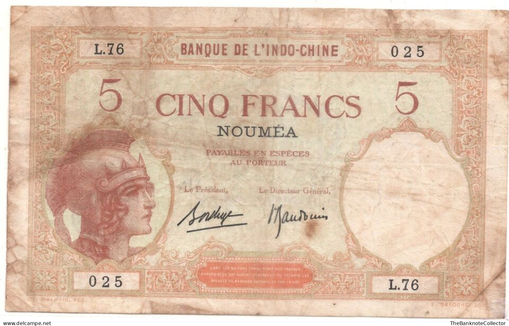 French Indochina New Caledonia 5 Francs 1926 P-36 FIne-Very Fine - Sonstige – Asien