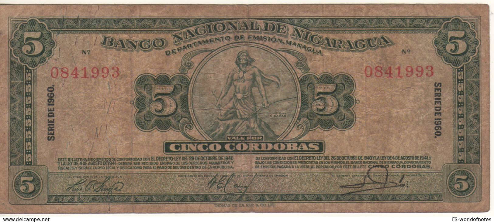 NICARAGUA.  5 Cordobas  P100c   Serie 1960   ( Cacique Nicarao At Front + Carved Statue At Back ) - Nicaragua