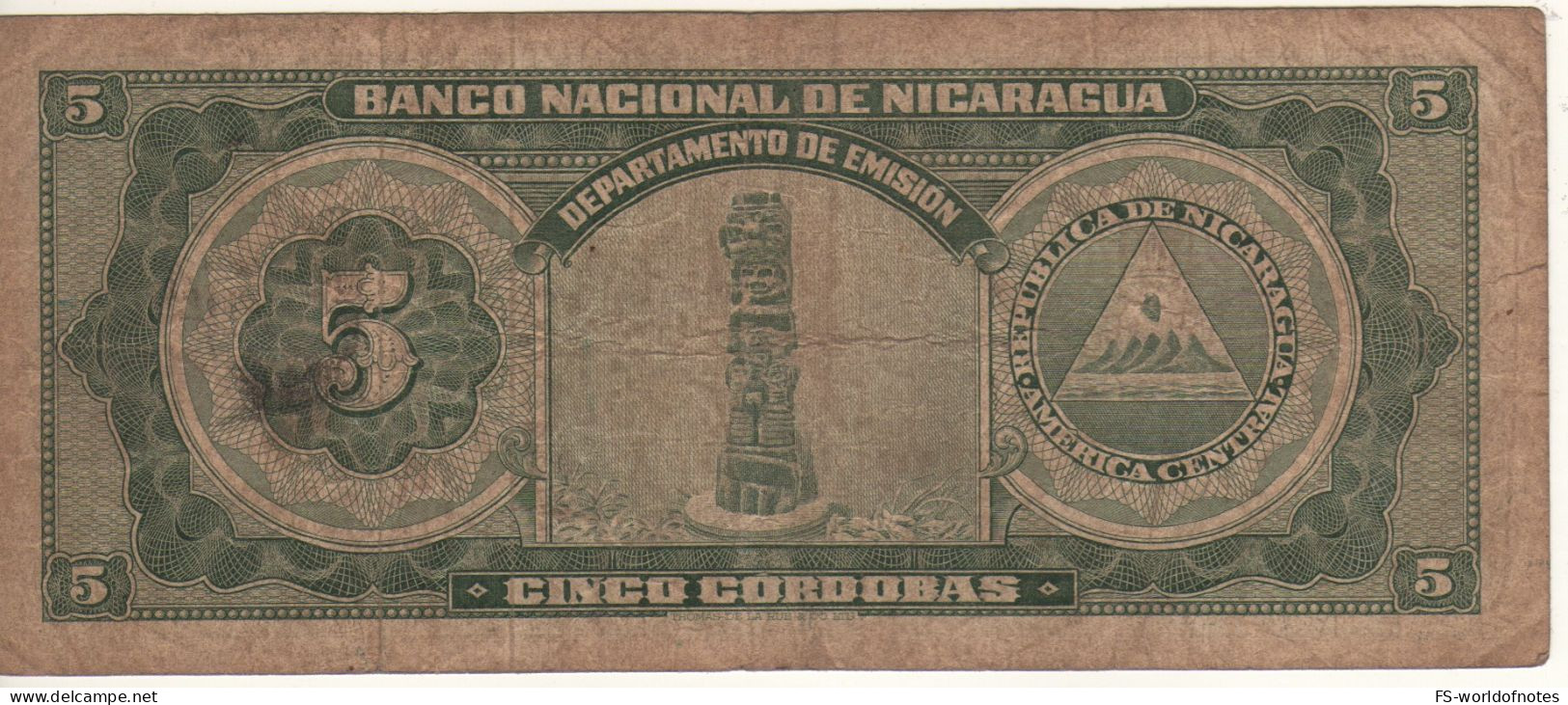 NICARAGUA.  5 Cordobas  P100c   Serie 1960   ( Cacique Nicarao At Front + Carved Statue At Back ) - Nicaragua