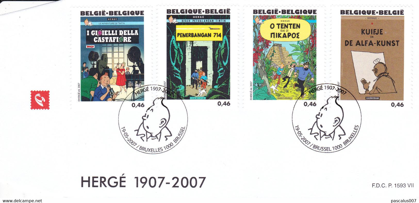 B01-389 Bloc 143 FDC P1593 VII 3657 3658 3659 3660 1907 2007 Tintin Kuifje 4 Albums Hergé 19-05-2007 Bruxelles 1000 Brus - 2001-2010