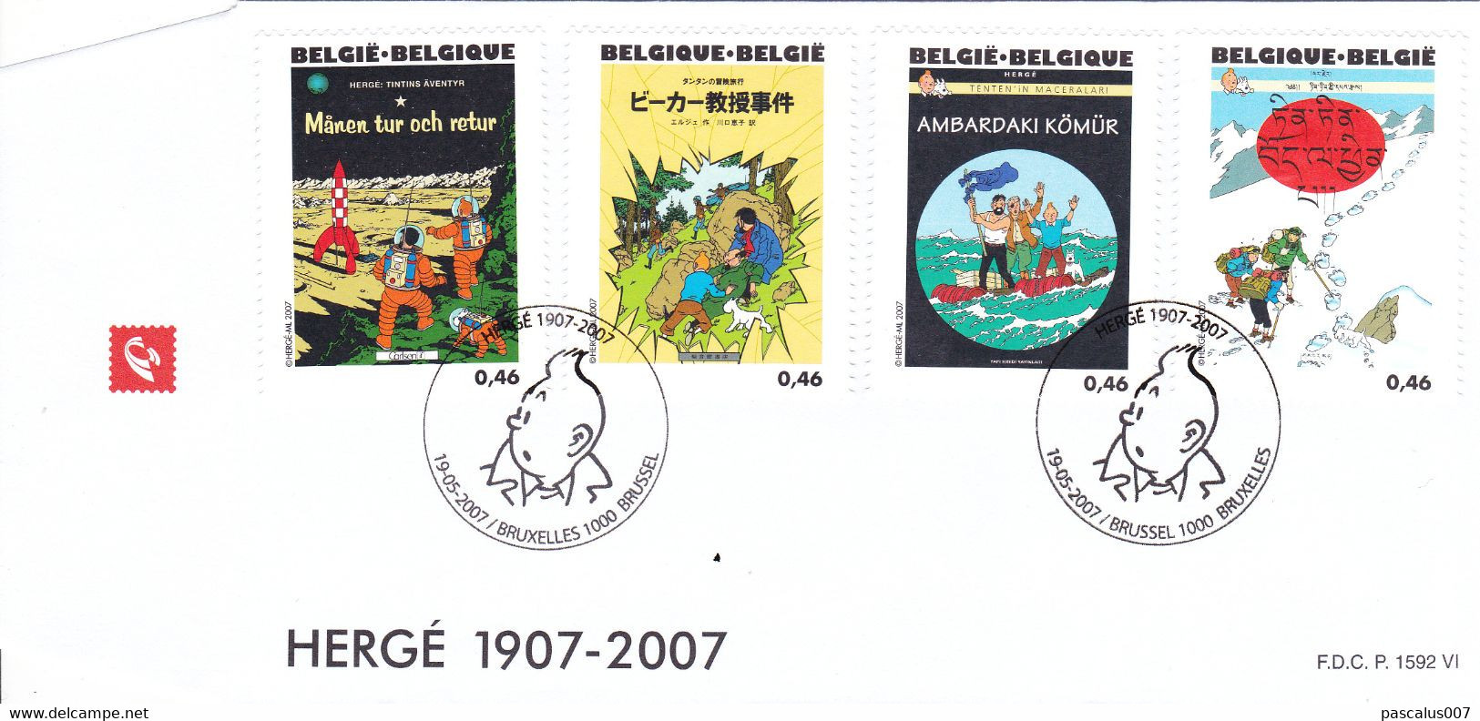B01-389 Bloc 143 FDC P1592 VI 3653 3654 3655 3656 1907 2007 Tintin Kuifje 4 Albums Hergé 19-05-2007 Bruxelles 1000 Bruss - 2001-2010