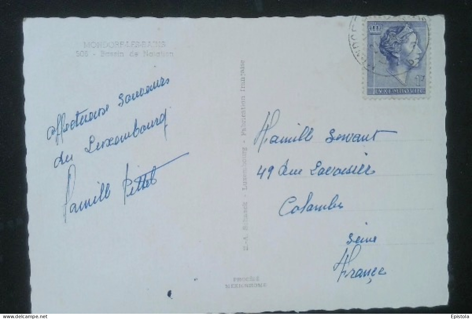 ► Luxembourg 1960 Grand Duchess Charlotte 1f - Used Sur Cpsm Mondorf Bassin Natation Pour La France - Lettres & Documents