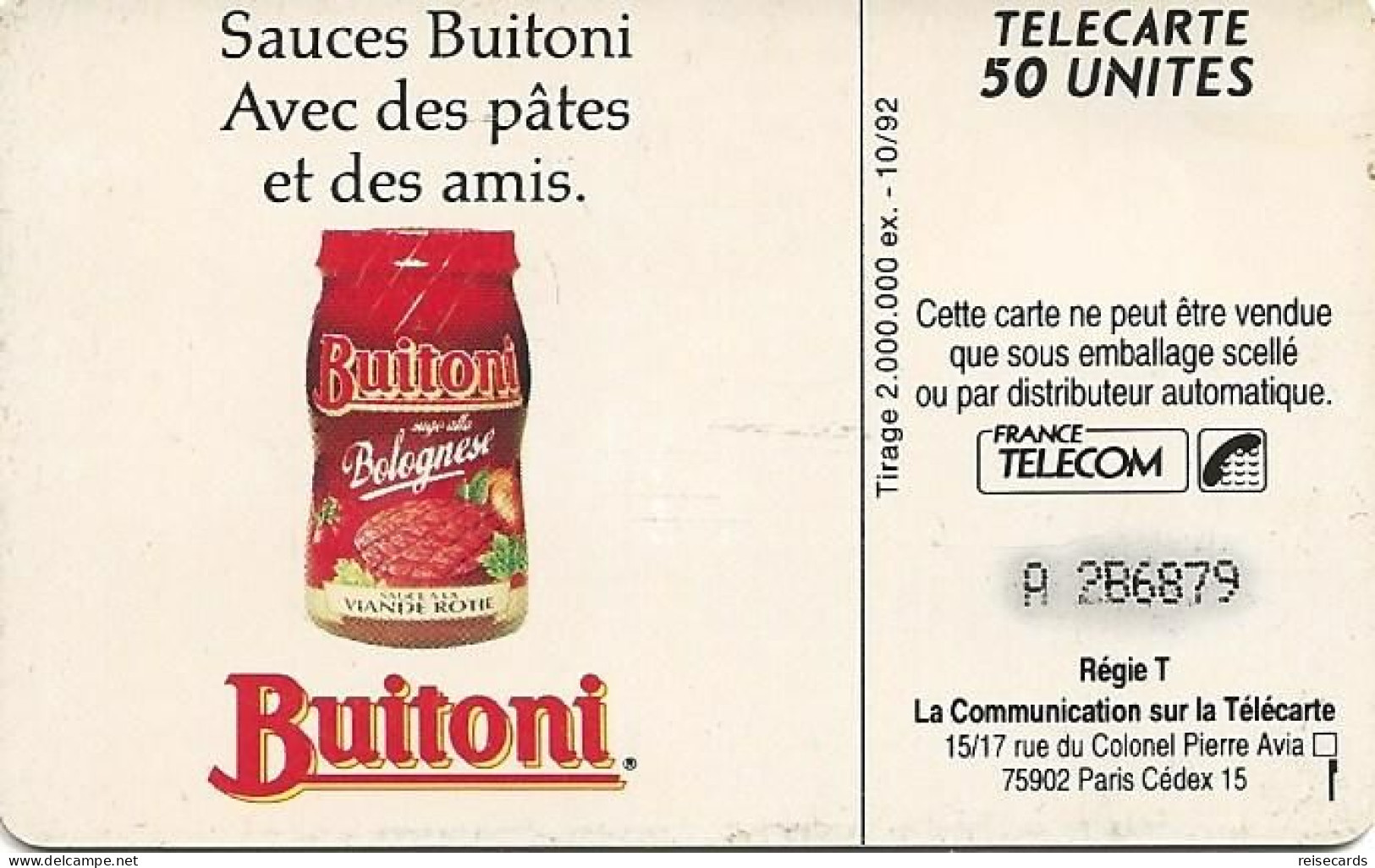 France: France Telecom 10/92 F296 Buitoni - 1992