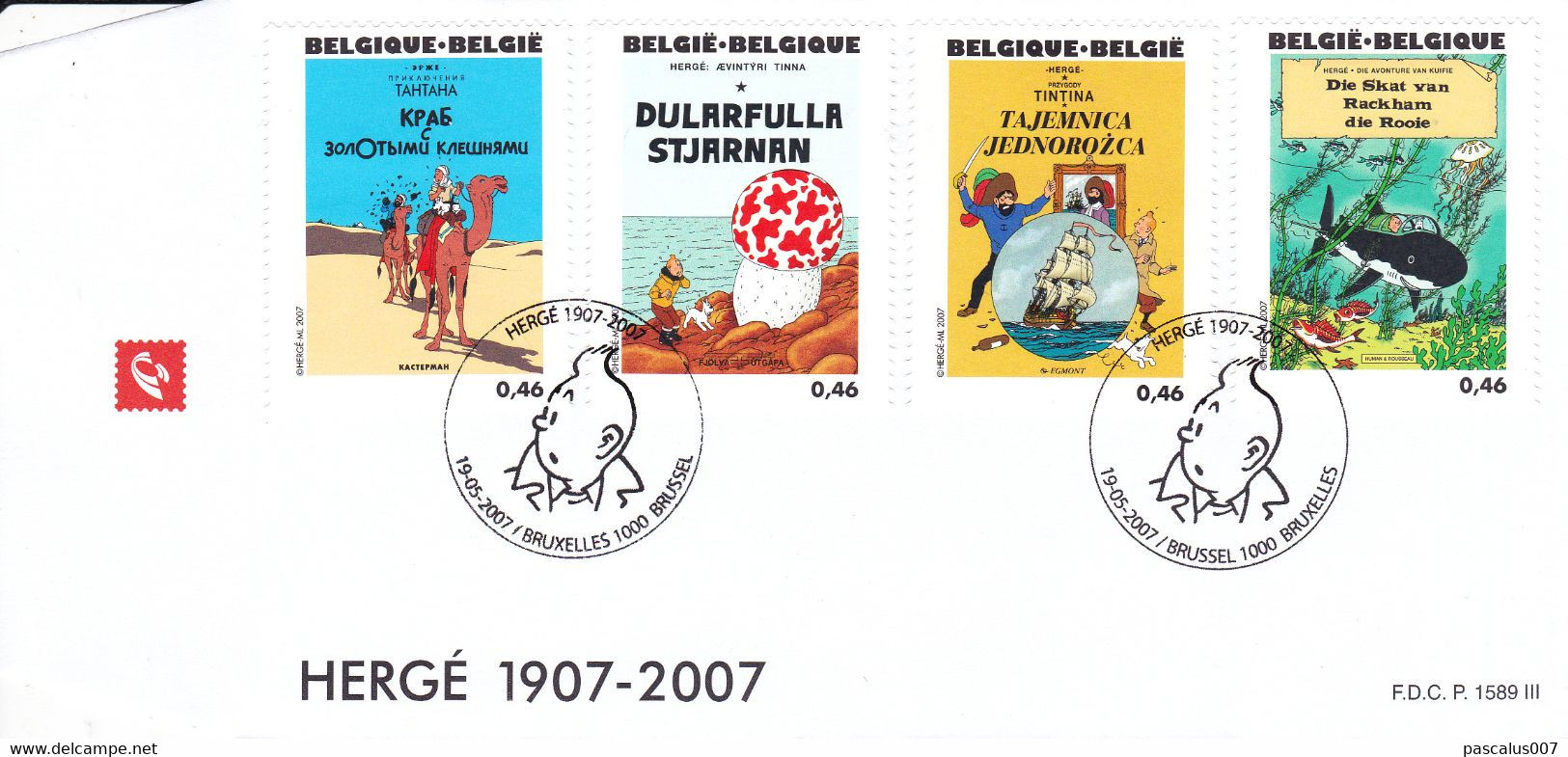 B01-389 Bloc 143 FDC P1589 III 3644 3645 3646 3647 1907 2007 Tintin Kuifje 4 Albums Hergé 19-05-2007 Bruxelles 10000 Bru - 2001-2010